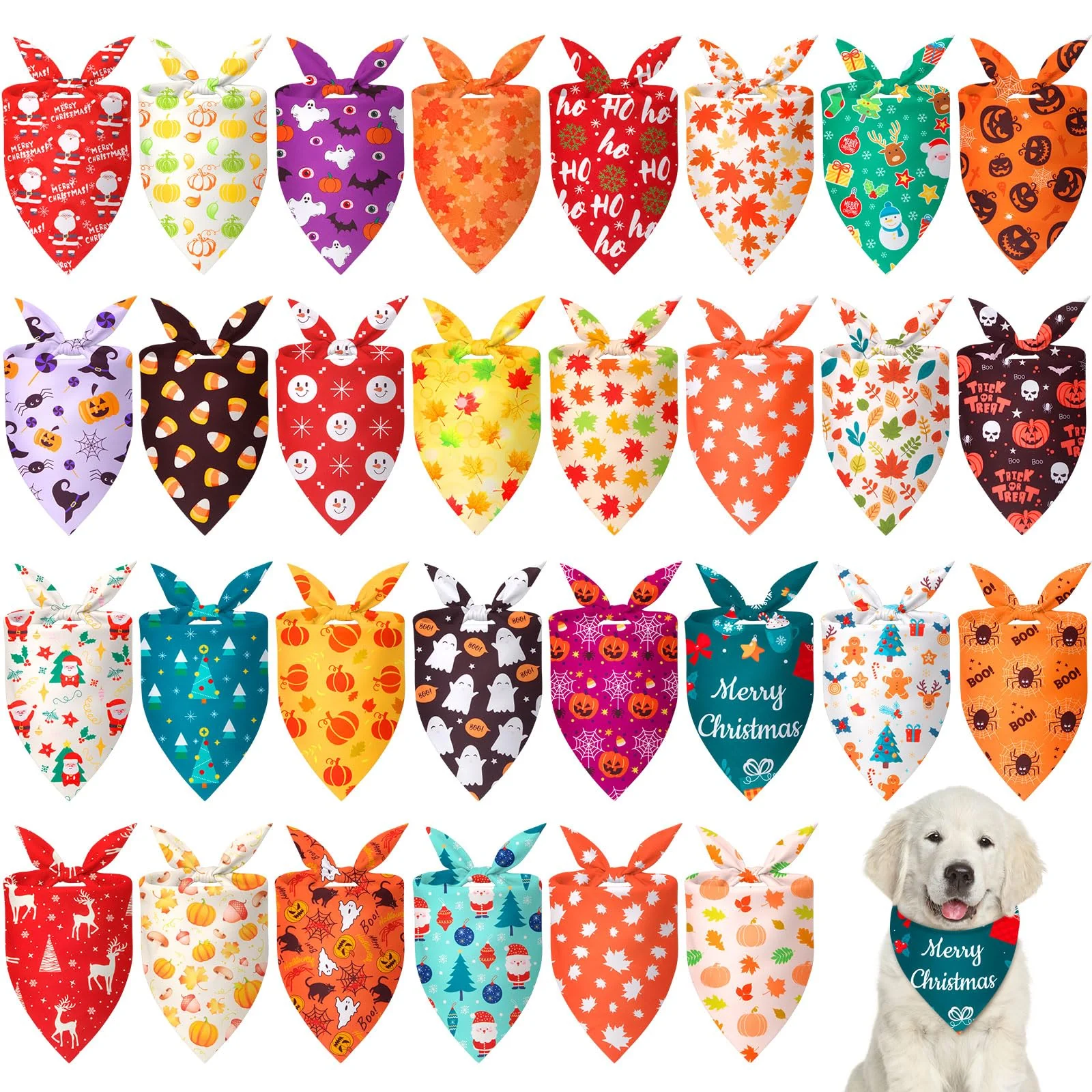 Chunful 30 Pcs Holiday Dog Bandanas Bulk for Fall Thanksgiving Halloween Christmas with Maple Leaves Pumpkin Ghost Snowman Seasonal Triangle Pet Scarf for Small Medium Large 25.6 x 17.7 x 17.7 in