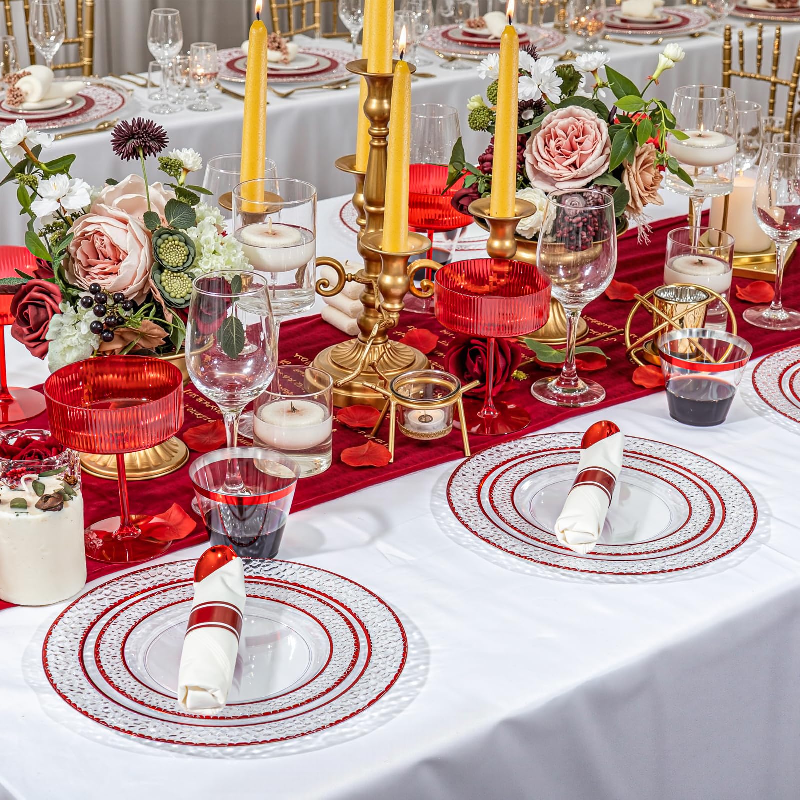 Ciaell 350 PCS Clear and Red Plastic Plates – Red Dinnerware Set for 50 Guests Include 100 Plastic Plates, 50 Pre Rolled Napkins with Cutlery Set, 50 Cups for Wedding & Party & Anniversary & Christmas - Image 5