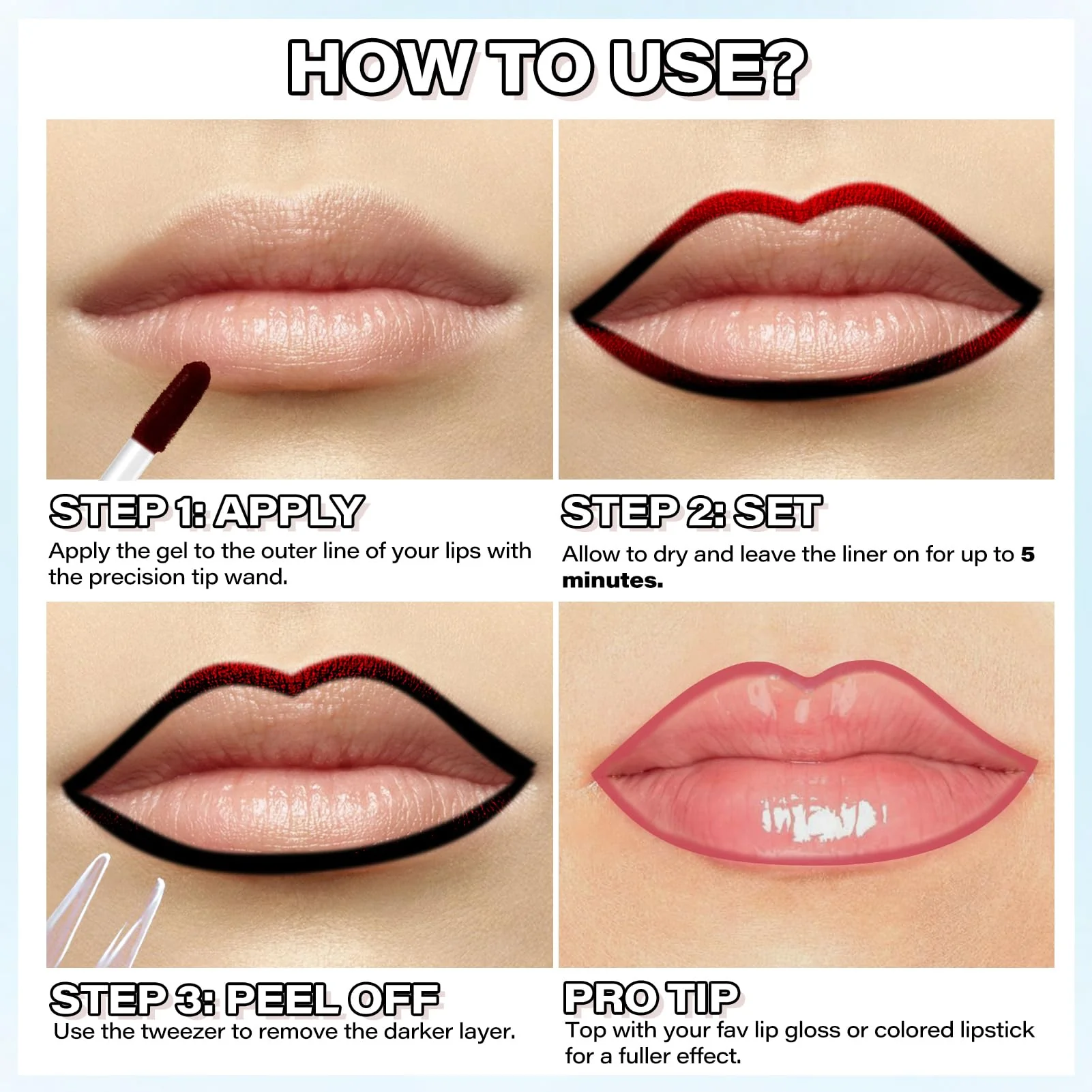 Cilrofelr Peel Off Lip Liner Stain, Long Wear Tattoo Lip Liner with Tweezer, Peel Off Lip Stain with Matte Finish, Long Lasting, Waterproof, Transfer-proof, Highly Pigmented Color (Rose) - Image 3