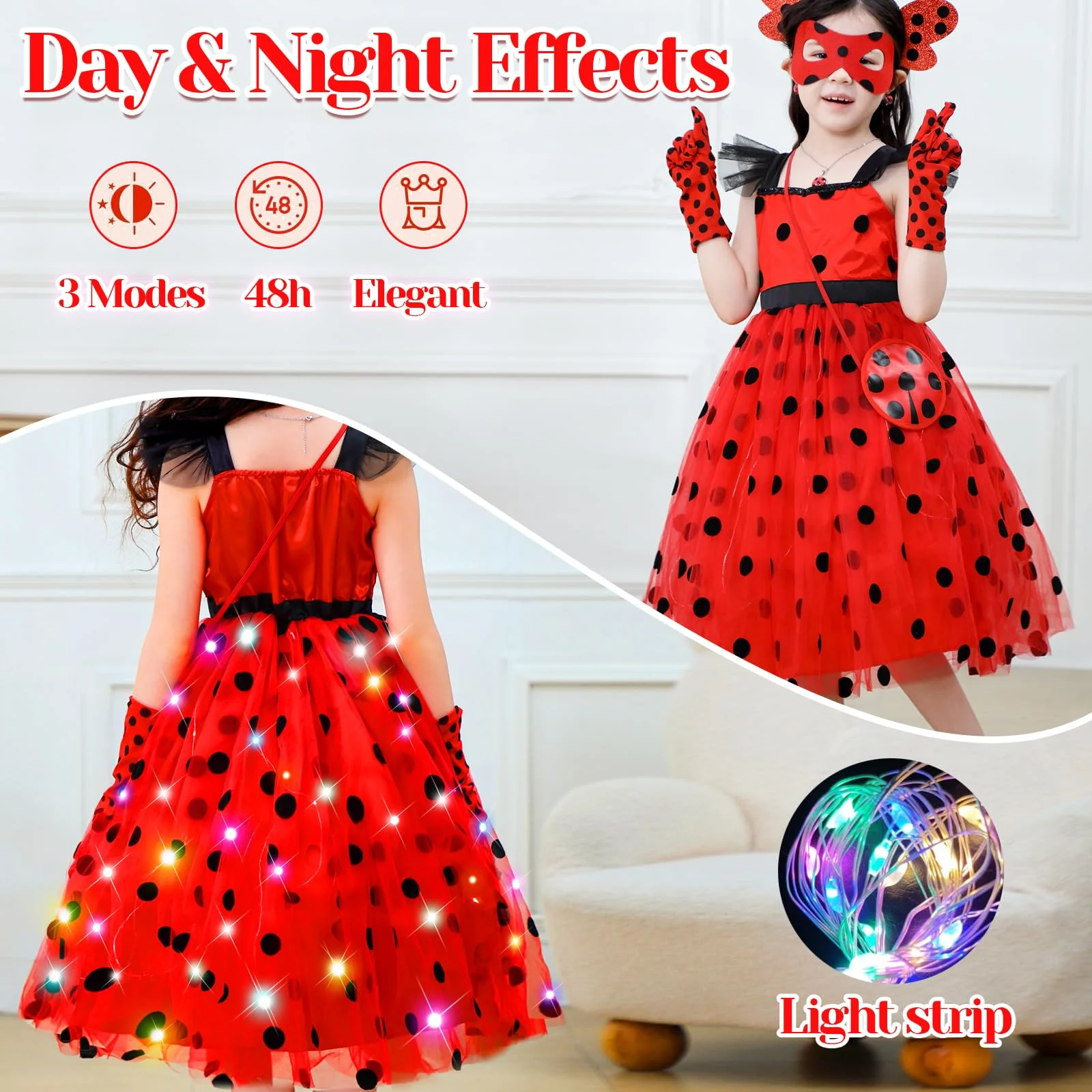 CIYTI Girls Light up Ladybug Costume, Light Up Princess Costume Dress Kid Toddler Princess Dress Halloween Christmas Dress Up Children Clothing (5-6 Years) - Image 2