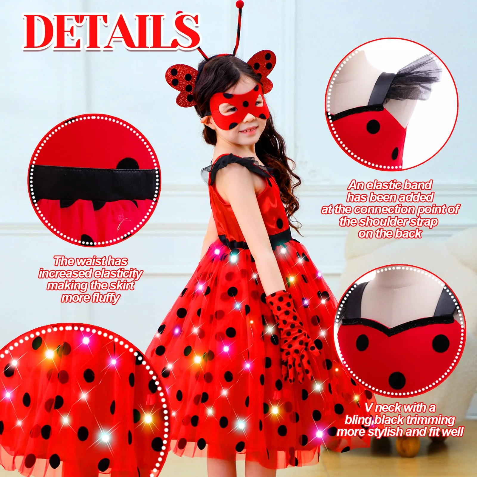 CIYTI Girls Light up Ladybug Costume, Light Up Princess Costume Dress Kid Toddler Princess Dress Halloween Christmas Dress Up Children Clothing (5-6 Years) - Image 4