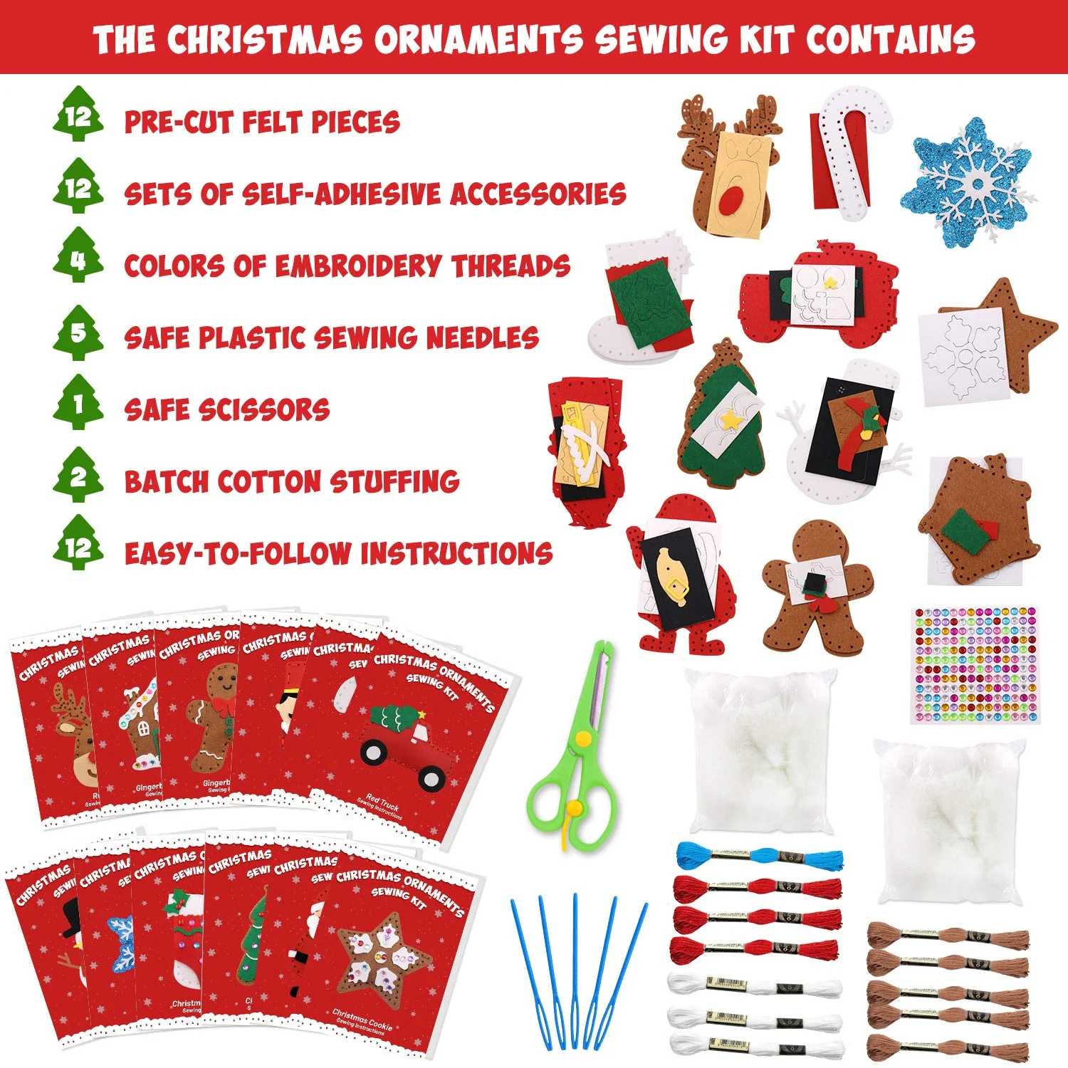 CiyvoLyeen Christmas Sewing Kit for Kids Felt Christmas Ornaments Craft Supplies DIY Activity for Girls and Boys Educational Sewing Gift for Child Set of 12 - Image 4