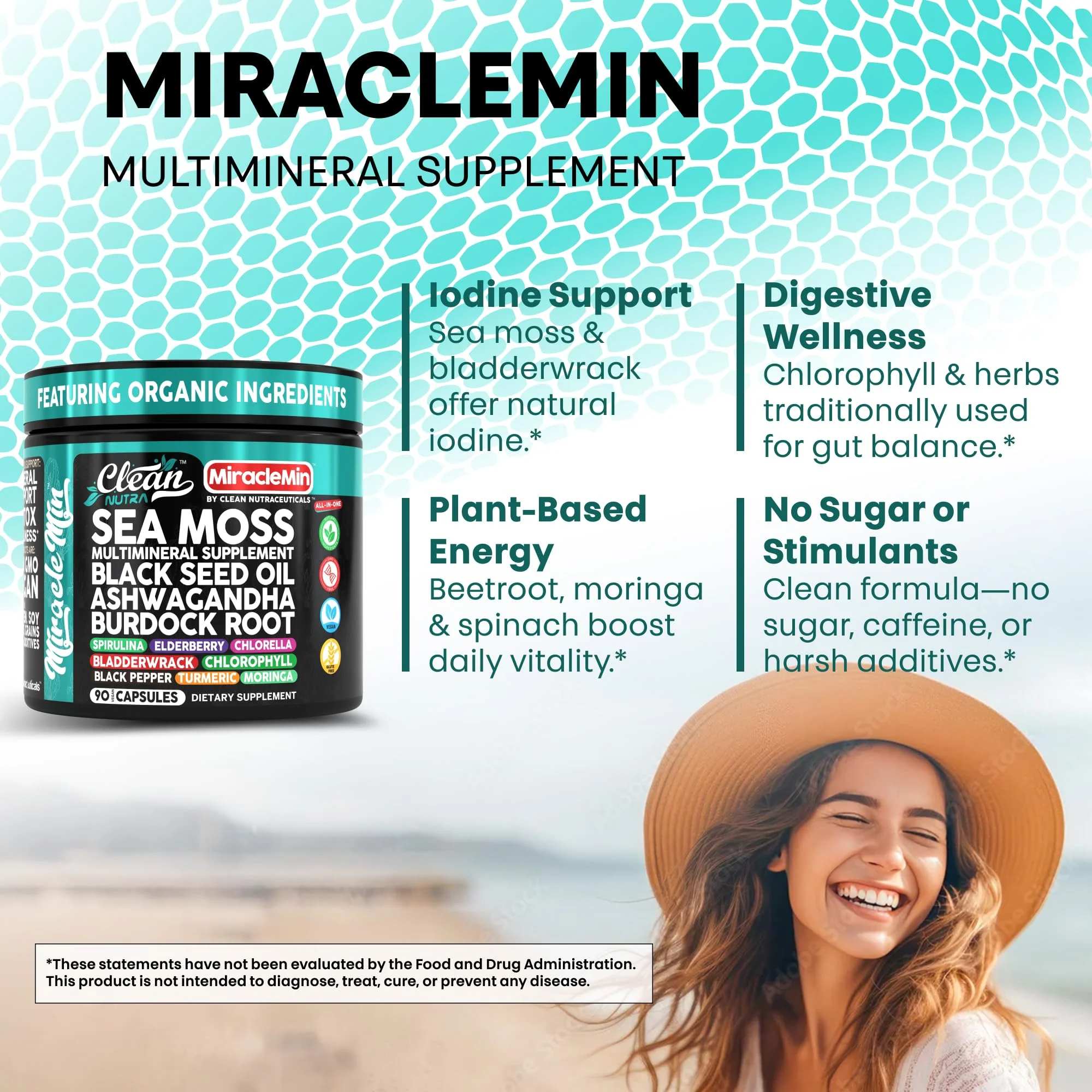 Clean Nutra Sea Moss Capsules with Ashwagandha, Black Seed Oil, Burdock Root, Bladderwrack, Moringa, Chlorella, Spirulina, Turmeric, Elderberry, Amla – 90 Vegan Capsules – MiracleMin - Image 3