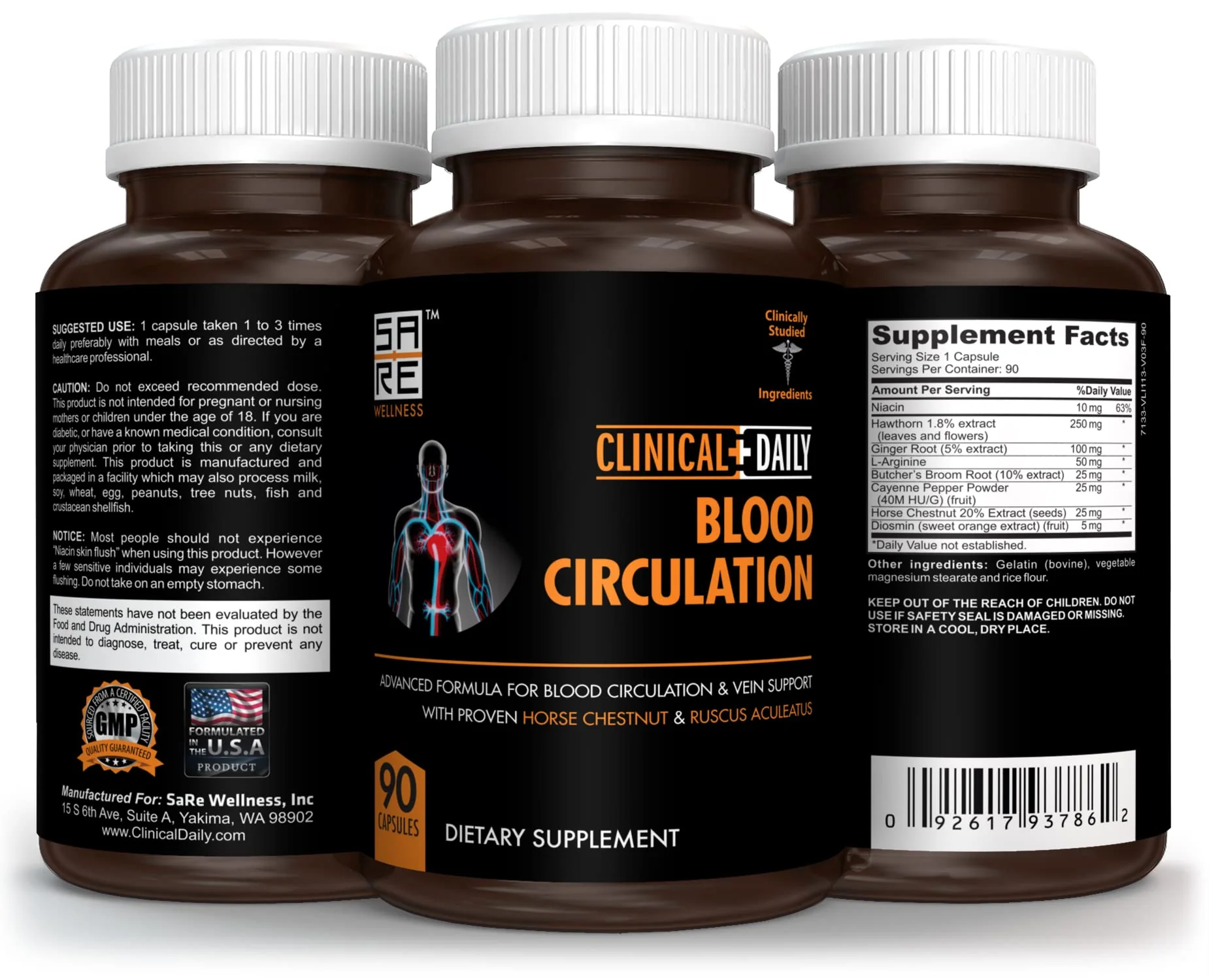 Clinical Daily Blood Circulation Supplements. Butchers Broom, Horse Chestnut, Hawthorn, Cayenne, Arginine, Diosmin Varicose Veins Treatment for Legs. Poor Circulation and Vein Support. 90 Capsules. - Image 7