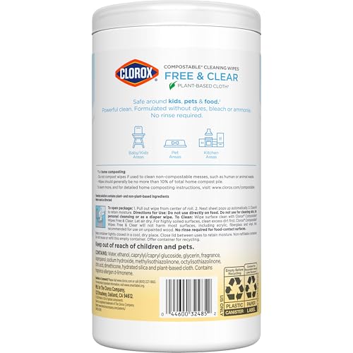 Clorox Free & Clear Compostable Cleaning Wipes, Light Lemon Scent, 75 Count, Pack of 3 (Pack May Vary) - Image 2