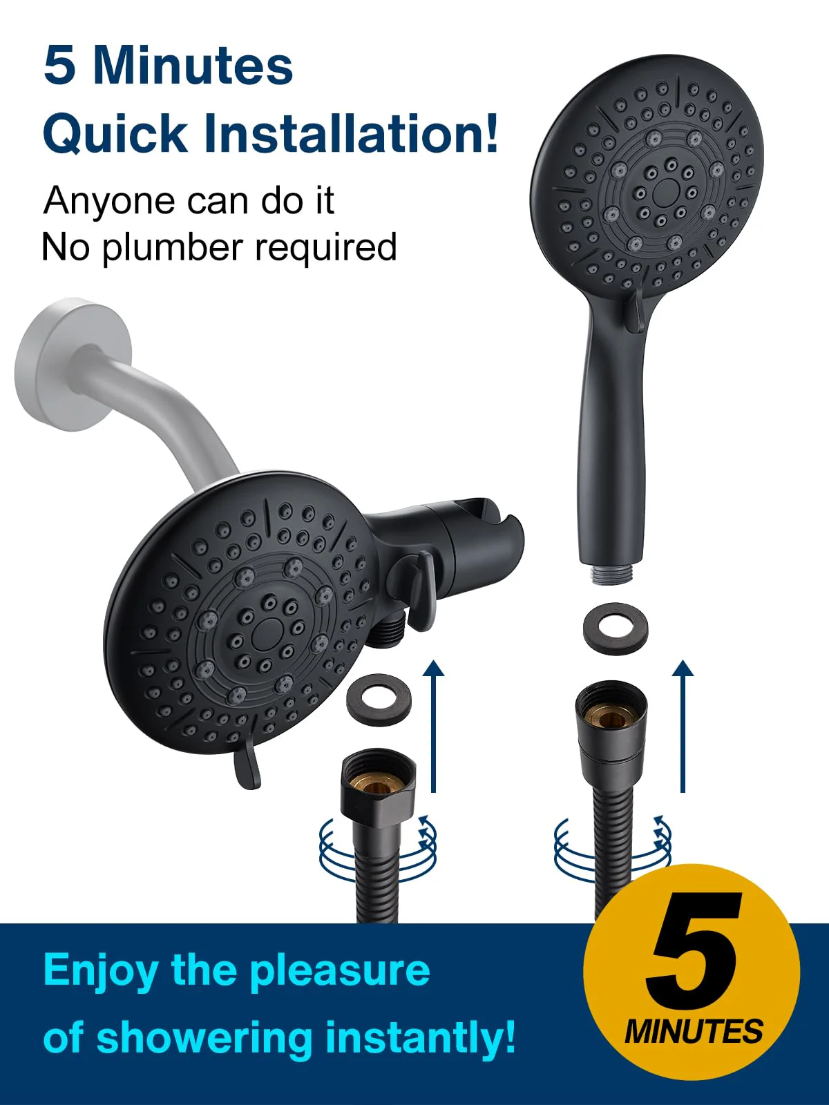 Cobbe 48-Setting 3-Way High Pressure Shower Head Combo with Handheld & Rain Shower - Black - Image 3