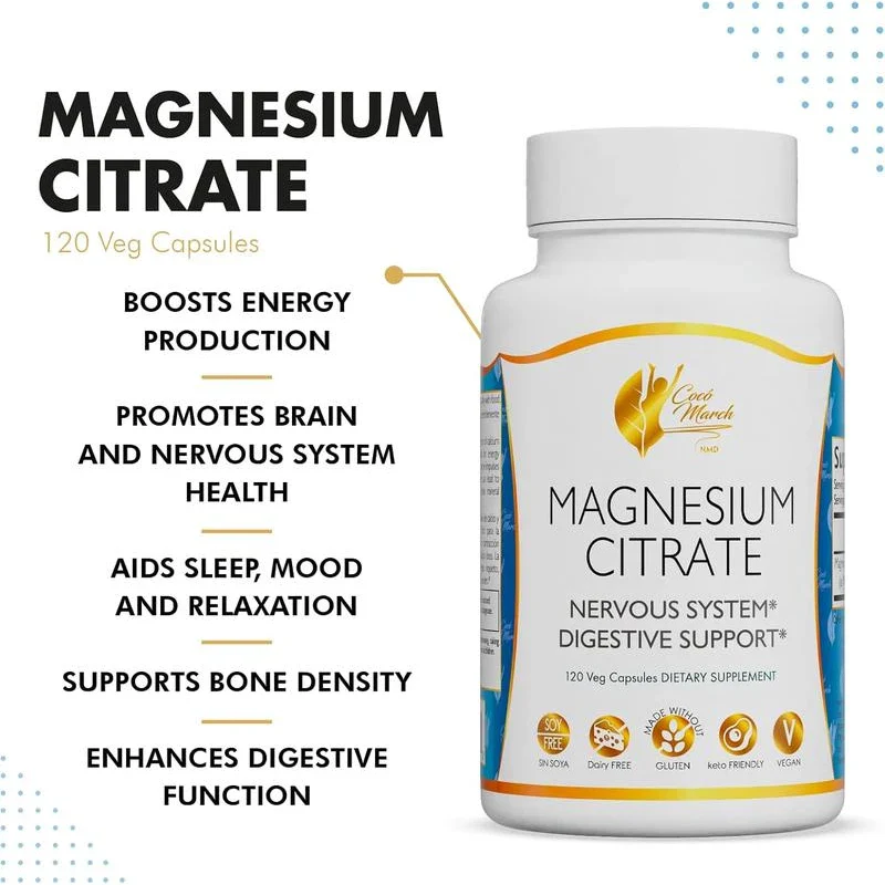 Coco March Magnesium Citrate - Relaxation- Sleep - Nervous & Digestive System Support, Gluten Free, Soy Free, Dairy Free, Keto Friendly, Vegan, 800 mg per Serving, 120 Capsules - Image 3