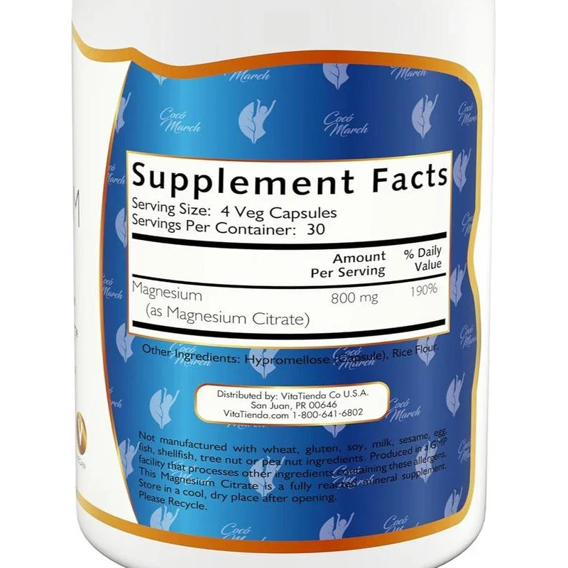 Coco March Magnesium Citrate - Relaxation- Sleep - Nervous & Digestive System Support, Gluten Free, Soy Free, Dairy Free, Keto Friendly, Vegan, 800 mg per Serving, 120 Capsules - Image 4