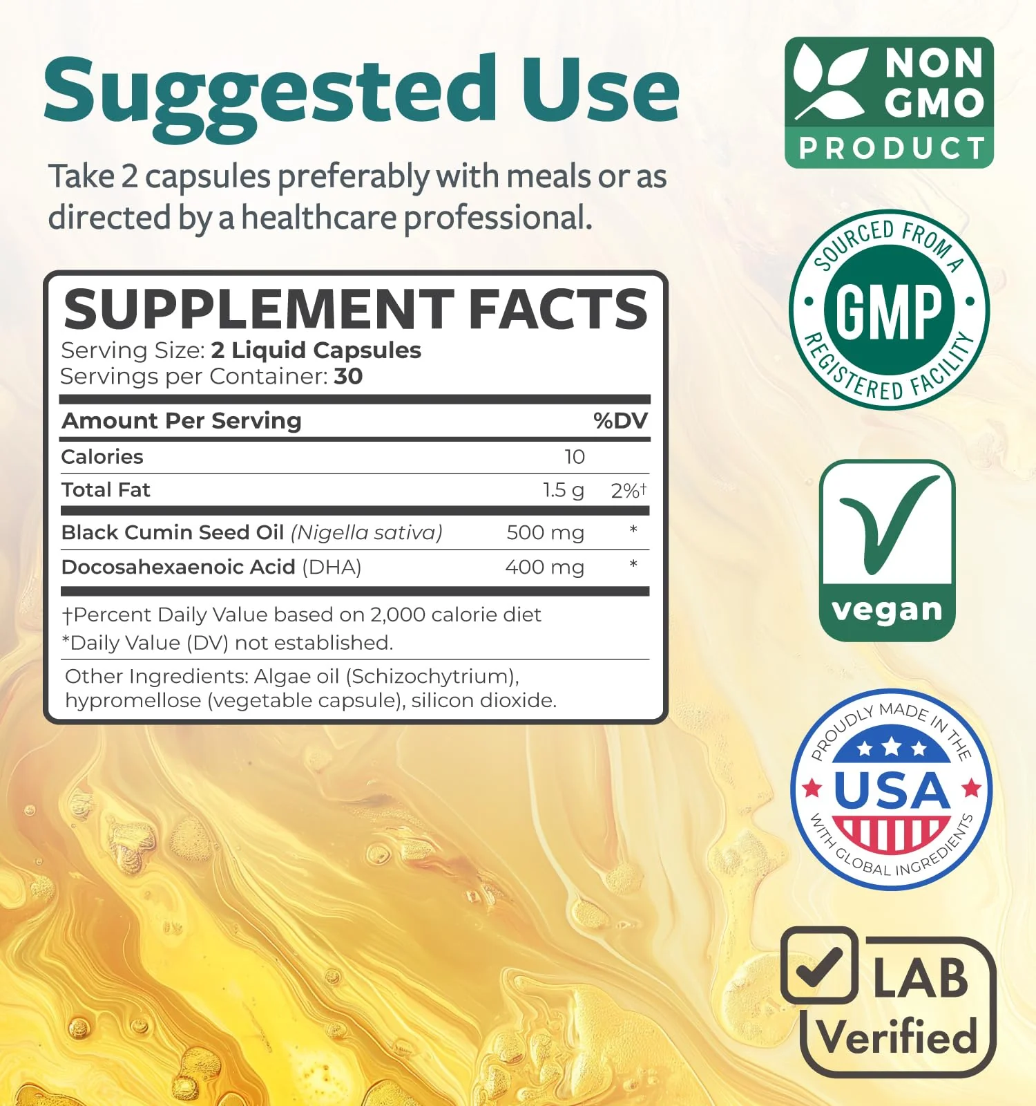 Cold-Pressed Black Seed Oil Capsules - Vegan Non-GMO Nigella Sativa Black Seed Oil Supplement with Omega 3 DHA for Full Body Wellness & Brain Support - Vegan Omega 3 & Thymoquinone-Rich (1 Month) - Image 6