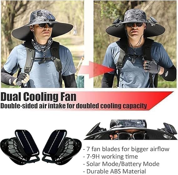 Colitt - Fishing Hat with Built in Fan, 2025 New Hat with Fans Solar Power, Wide Brim Outdoor Fishing -Solar & USB Charging (Style - E) - Image 6