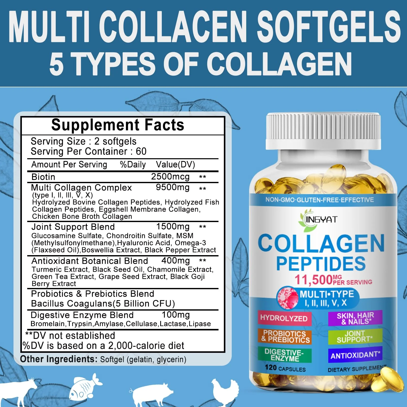 Collagen Peptides Softgels, Multi Collagen Peptide w/ Glucosamine Chondroitin MSM Biotin, Hydrolyzed Collagen Peptides Complex for Women Supports Skin Hair Nail Joints Bones Gut Health, Non-GMO - Image 2