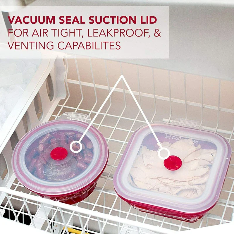 Collapse-it 6-Piece Silicone Food Storage Containers Red Square Set Kitchen - Image 6