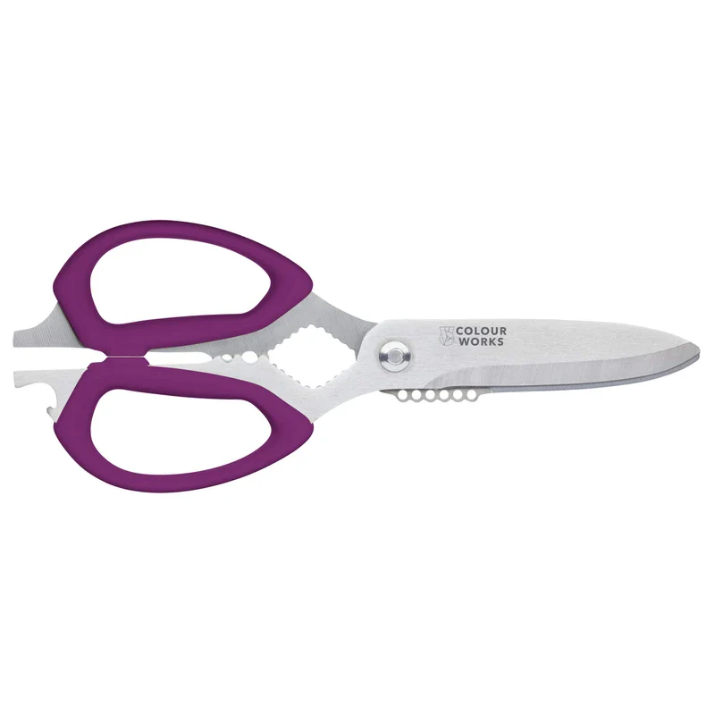 Colourworks 10 in 1 Multifunction Kitchen Scissors with Built-In Edgekeeper Scissor Sharpeners, Bottle Openers, Zester and More, Stainless Steel, Plum, 23 cm - Image 2