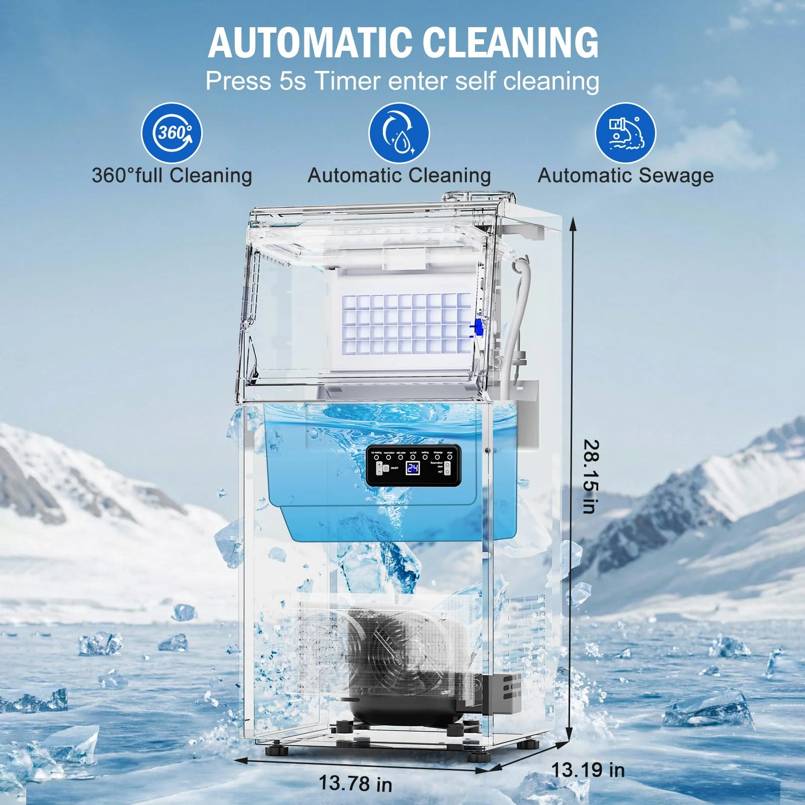Commercial Ice Maker Machine 110 LBS/24H, 36 Ice Trays Freestanding & Undercounter Ice Machine Stainless Steel with 20 LBS Ice Storage Capacity, Ice Maker with Water Line and Filter, Dual Water Inlet - Image 3