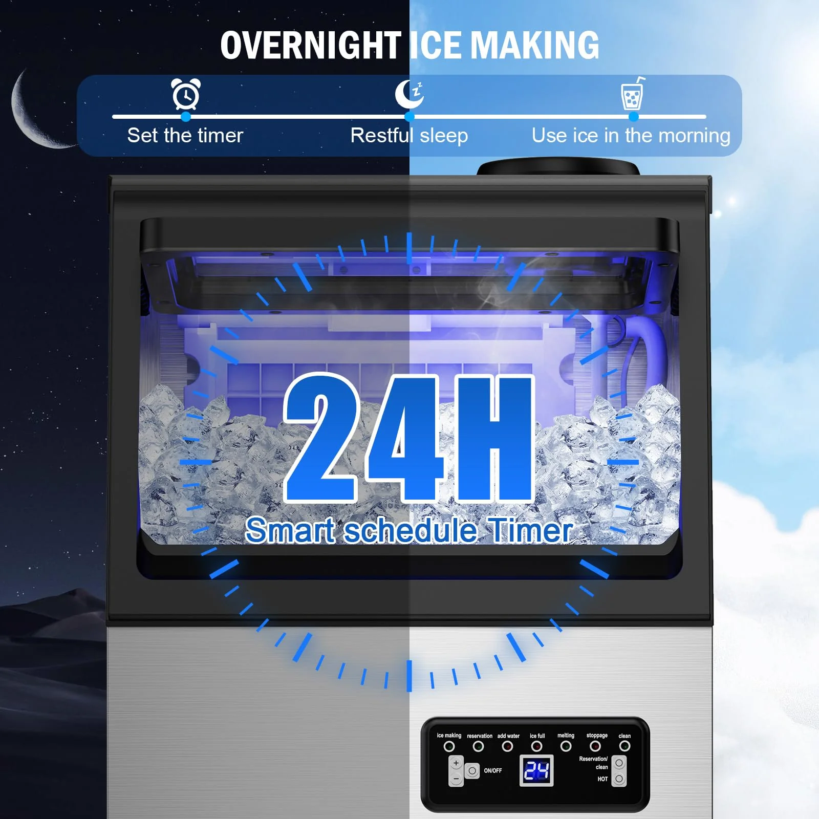 Commercial Ice Maker Machine 110 LBS/24H, 36 Ice Trays Freestanding & Undercounter Ice Machine Stainless Steel with 20 LBS Ice Storage Capacity, Ice Maker with Water Line and Filter, Dual Water Inlet - Image 5