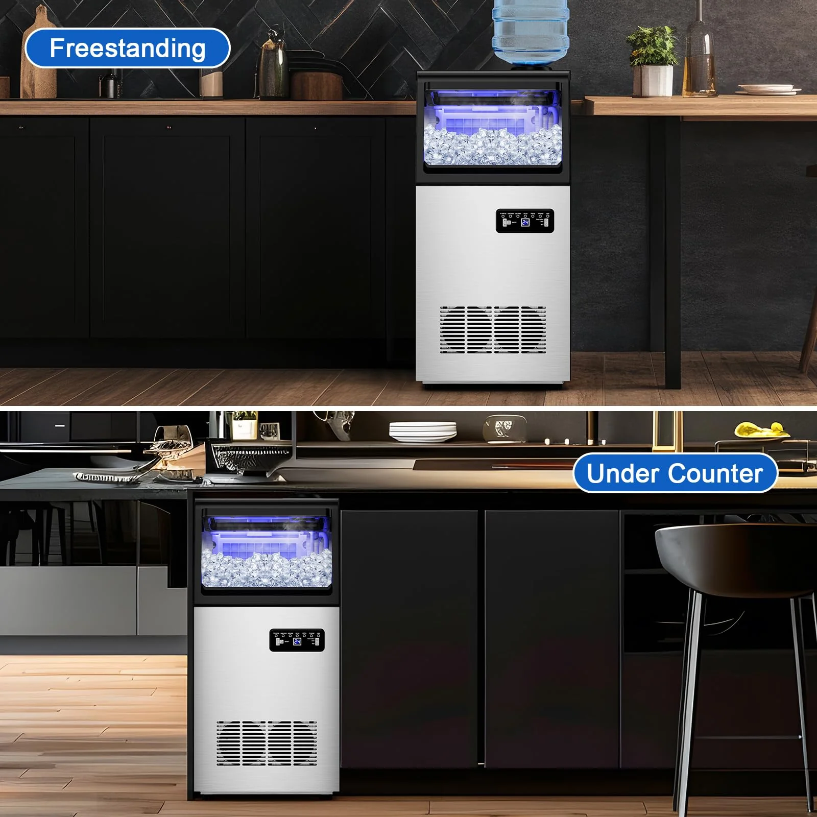 Commercial Ice Maker Machine 130 LBS/24H, 45 Ice Trays Freestanding & Undercounter Ice Machine Stainless Steel with 20 LBS Ice Storage Capacity, Ice Maker with Water Line and Filter, Dual Water Inlet - Image 2