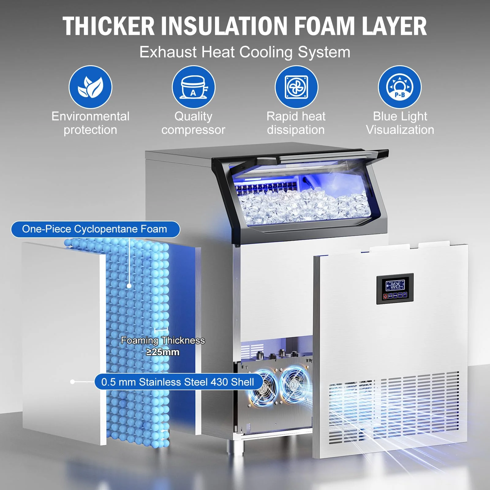 Commercial Ice Maker Machine 350 LBS/24H, 136 Ice Trays Freestanding & Undercounter Ice Machine Stainless Steel with 60 LBS Ice Storage Capacity, Ice Maker with Water Line and Filter, Dual Water Inlet - Image 5