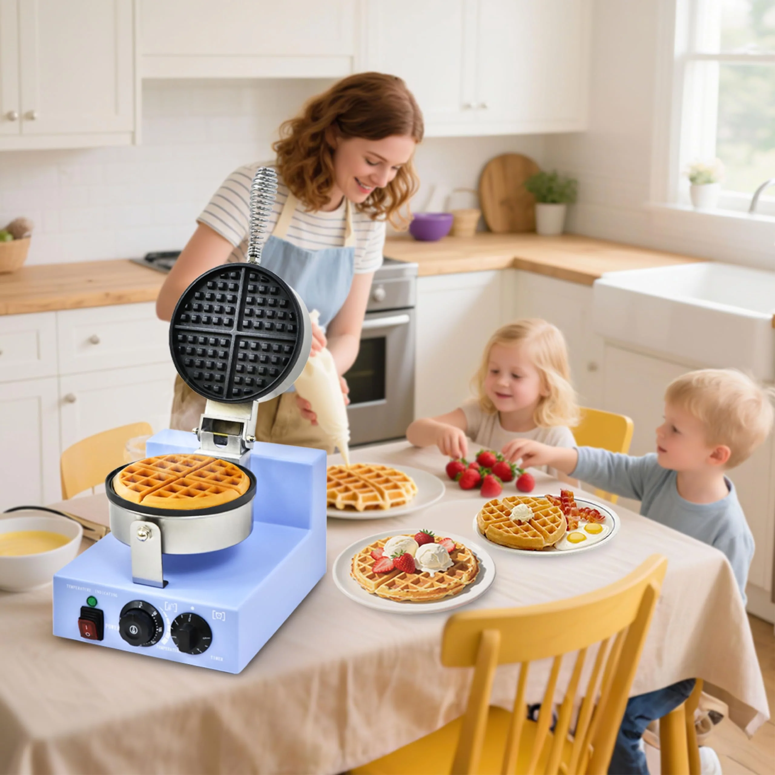 Commercial Waffle Maker, 1200W Round Waffle Iron Machine with Timer & Temp Control, Nonstick Plates, Heat-Resistant Shockproof Non-Conductive Plastic Body (110V, Sky Blue) - Image 3