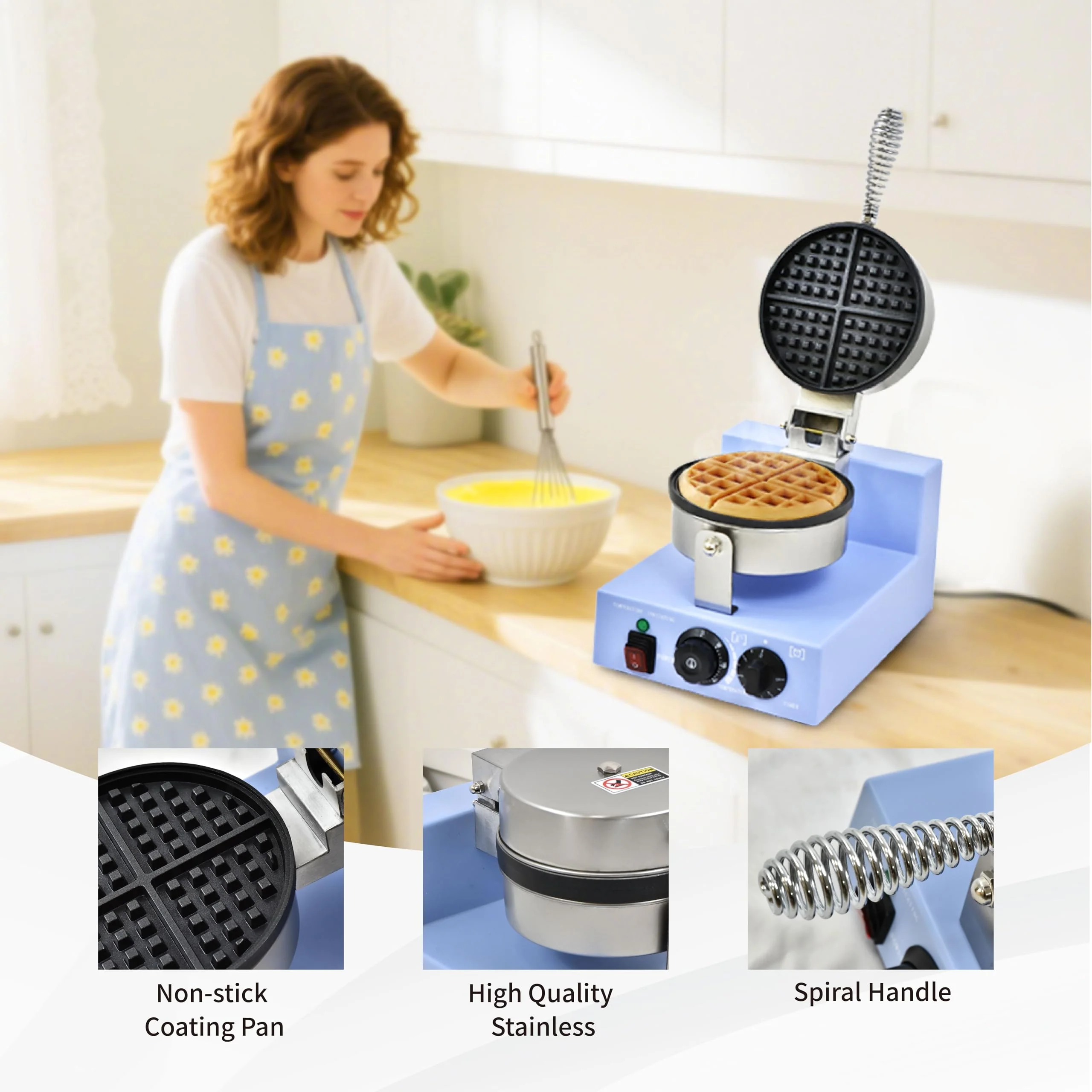 Commercial Waffle Maker, 1200W Round Waffle Iron Machine with Timer & Temp Control, Nonstick Plates, Heat-Resistant Shockproof Non-Conductive Plastic Body (110V, Sky Blue) - Image 4