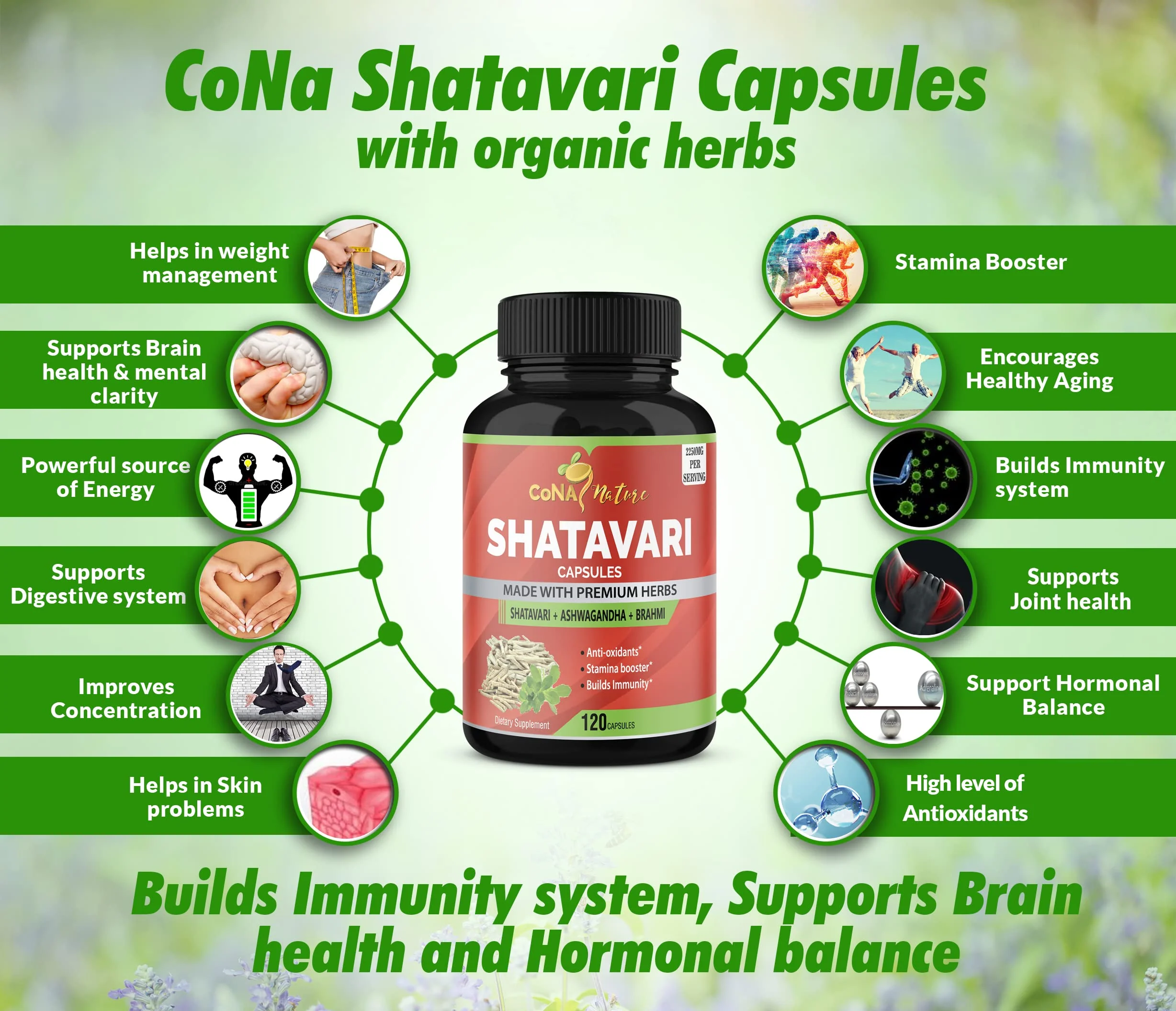 Cona Nature Organic Shatavari Powder Capsules 2250MG with Ashwagandha, Brahmi Extract | Support Women Health, 120 Vegan Capsules - Image 3