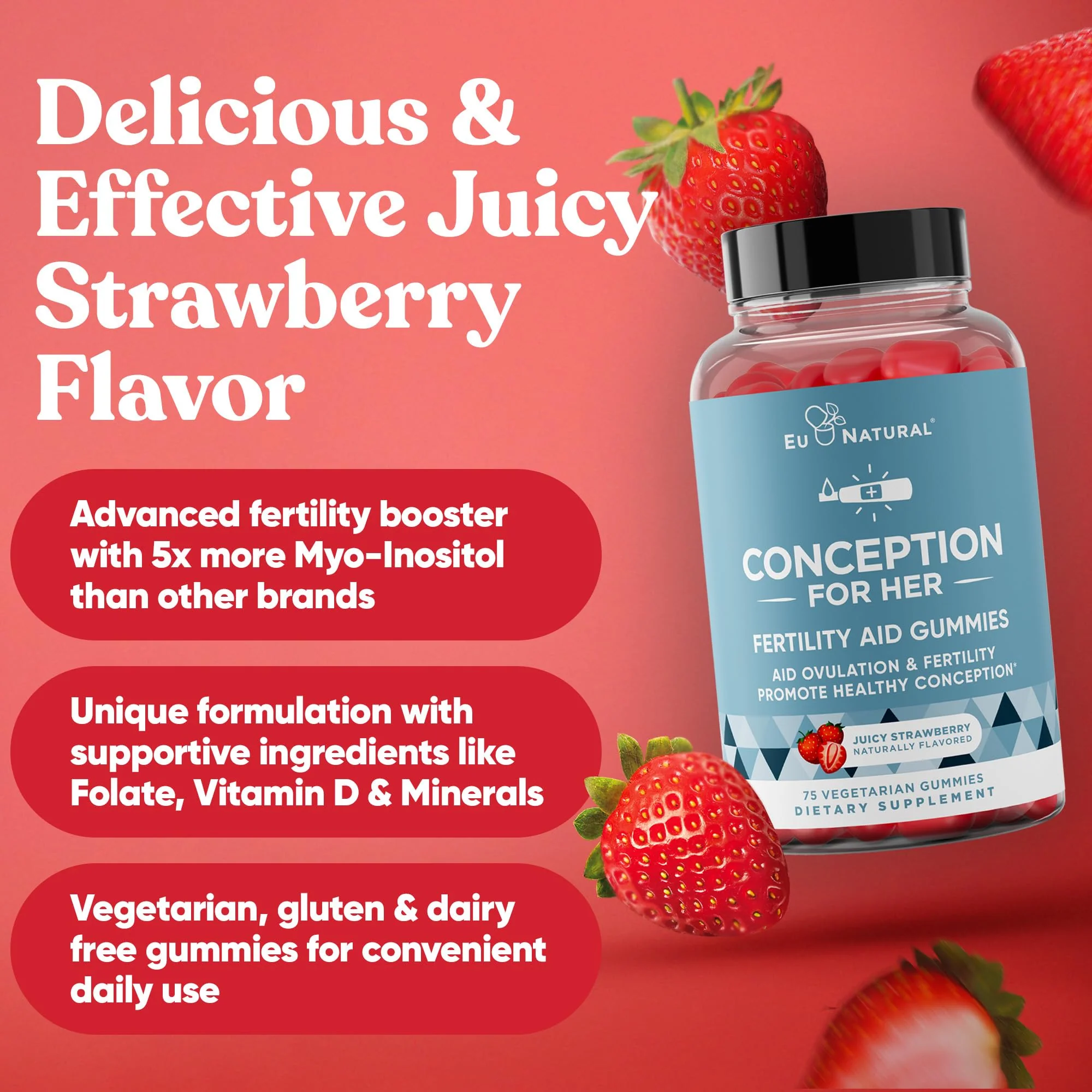 Conception for Her Fertility Gummies - Fertility Supplements for Women with Myo Inositol, Folate & More Essential Nutrients - Delicious Juicy Strawberry Hormone Balance Vitamins, 75 ct Gummies - Image 8