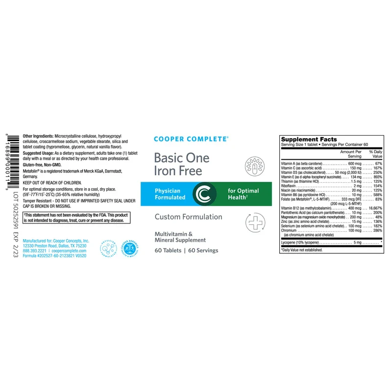 Cooper Complete - Basic One Multivitamin Iron Free - Daily Multivitamin and Mineral Supplement Plus Fish Oil Supplement - 60 Day Supply