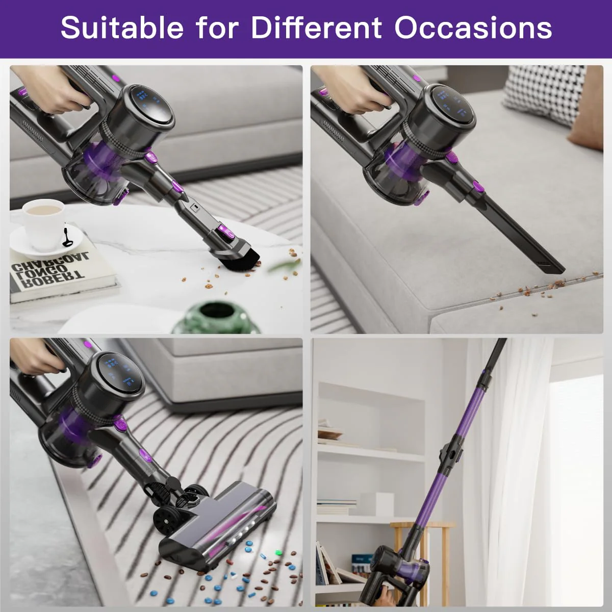 Cordless Vacuum Cleaner, 28KPA Suction Stick Vacuum with LED Headlight, 3 Modes 6-in-1 Lightweight Cordless Vacuum with 40Mins Detachable Battery Vacuum Cleaners for Home Hard Floor Carpet (Purple) - Image 4