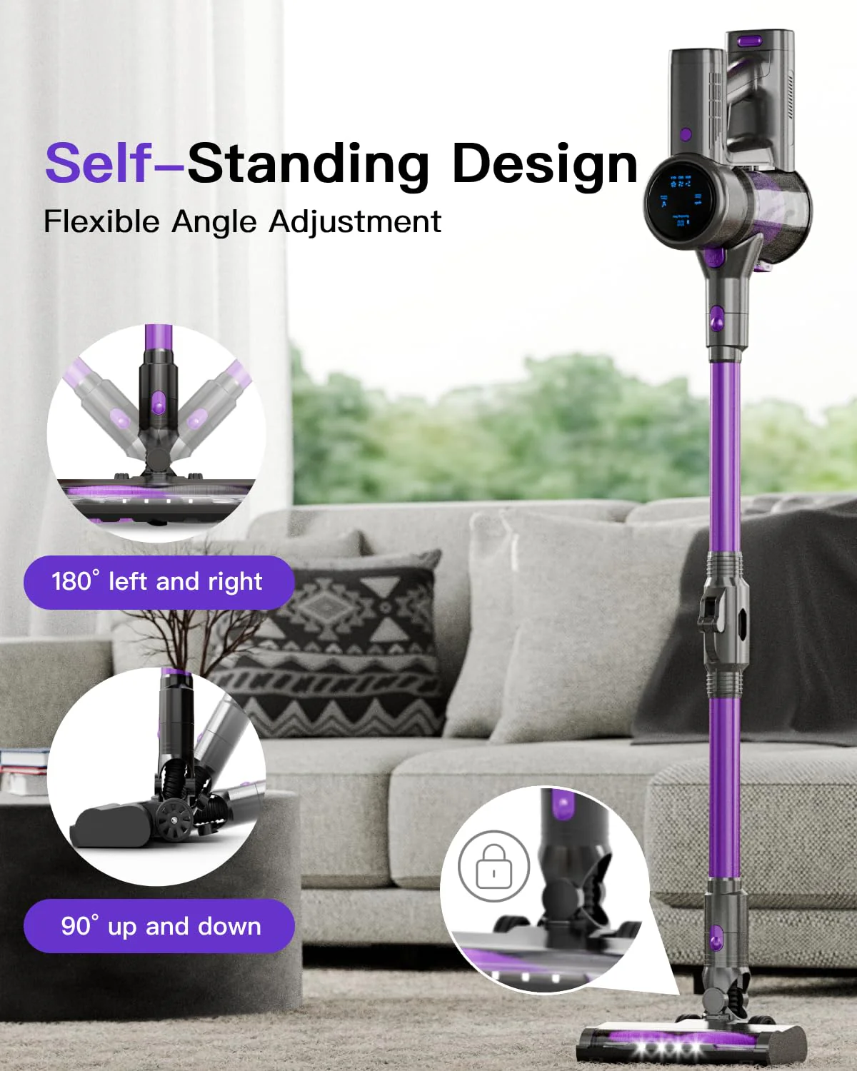 Cordless Vacuum Cleaner, 28KPA Suction Stick Vacuum with LED Headlight, 3 Modes 6-in-1 Lightweight Cordless Vacuum with 40Mins Detachable Battery Vacuum Cleaners for Home Hard Floor Carpet (Purple) - Image 7