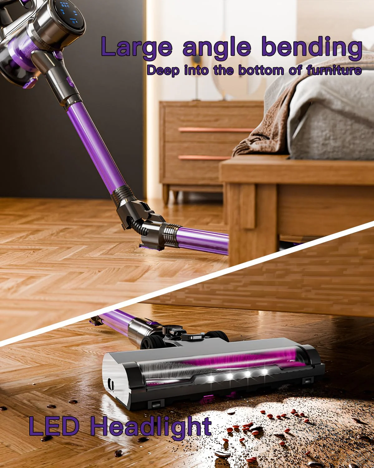 Cordless Vacuum Cleaner, 28KPA Suction Stick Vacuum with LED Headlight, 3 Modes 6-in-1 Lightweight Cordless Vacuum with 40Mins Detachable Battery Vacuum Cleaners for Home Hard Floor Carpet (Purple) - Image 8
