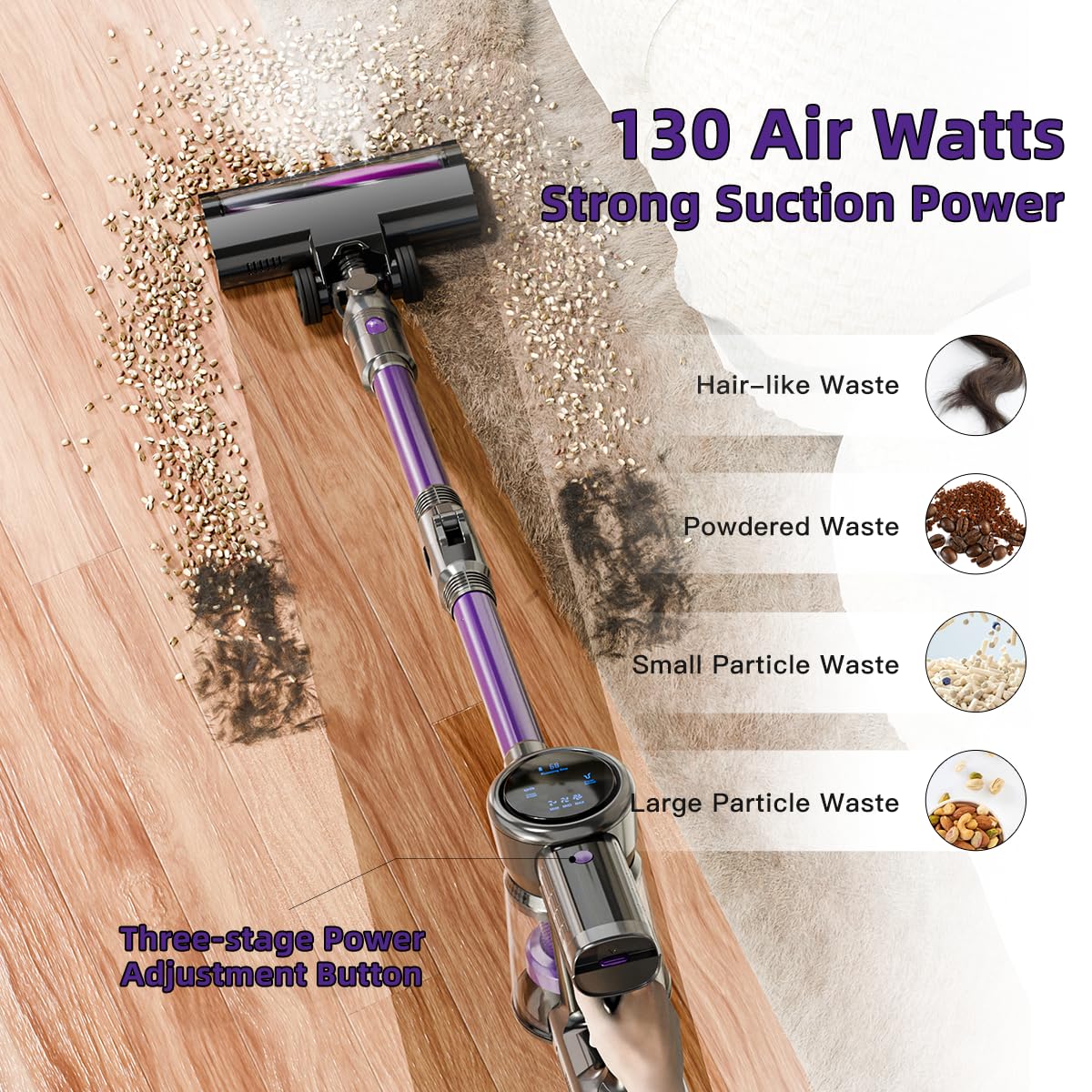 Cordless Vacuum Cleaner, 28KPA Suction Stick Vacuum with LED Headlight, 3 Modes 6-in-1 Lightweight Cordless Vacuum with 40Mins Detachable Battery Vacuum Cleaners for Home Hard Floor Carpet (Purple) - Image 9
