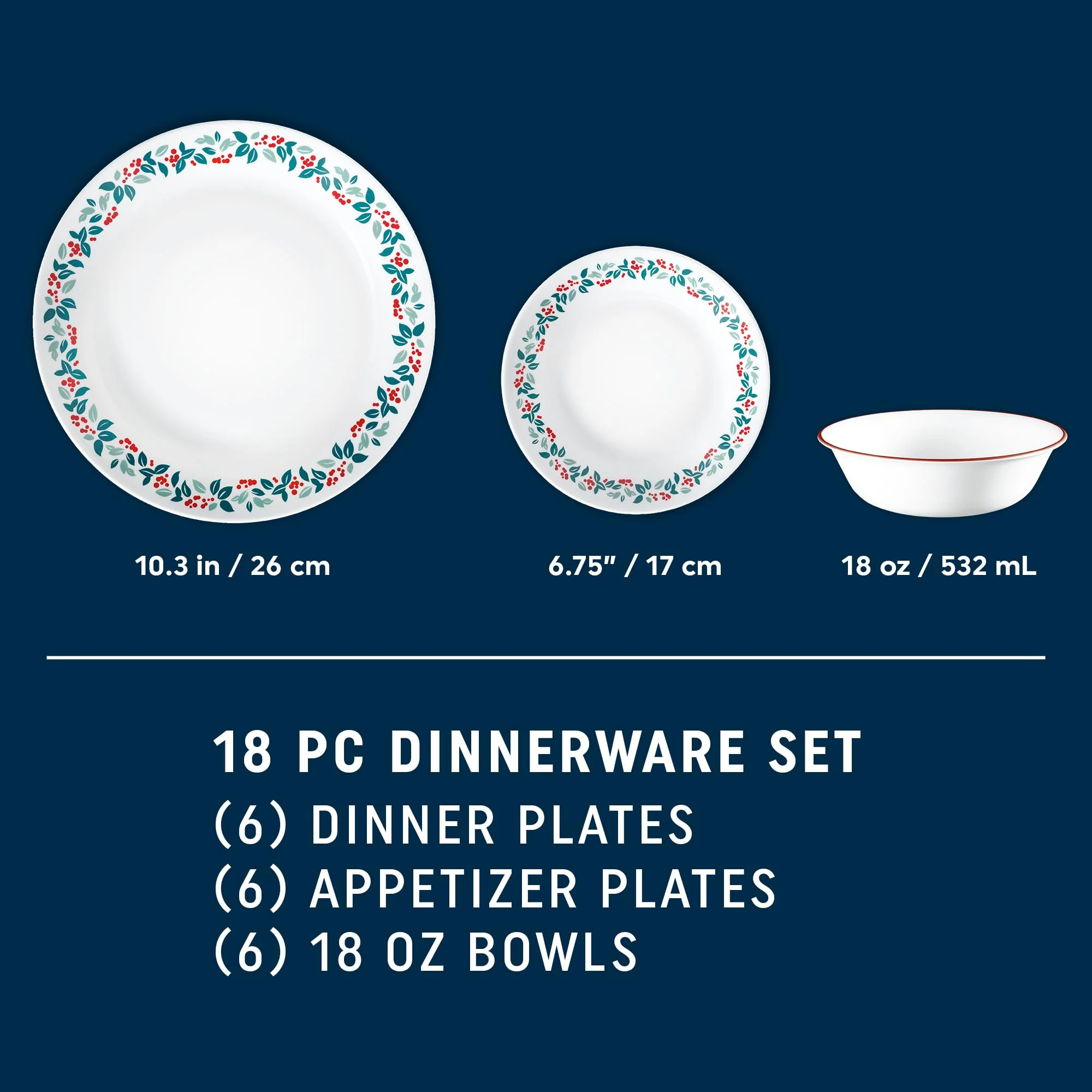 Corelle Vitrelle 18-Piece Christmas Service for 6 Dinnerware Set, Triple Layer Glass and Chip Resistant, Lightweight Round Holiday Plates and Bowls Set, Be Merry - Image 2