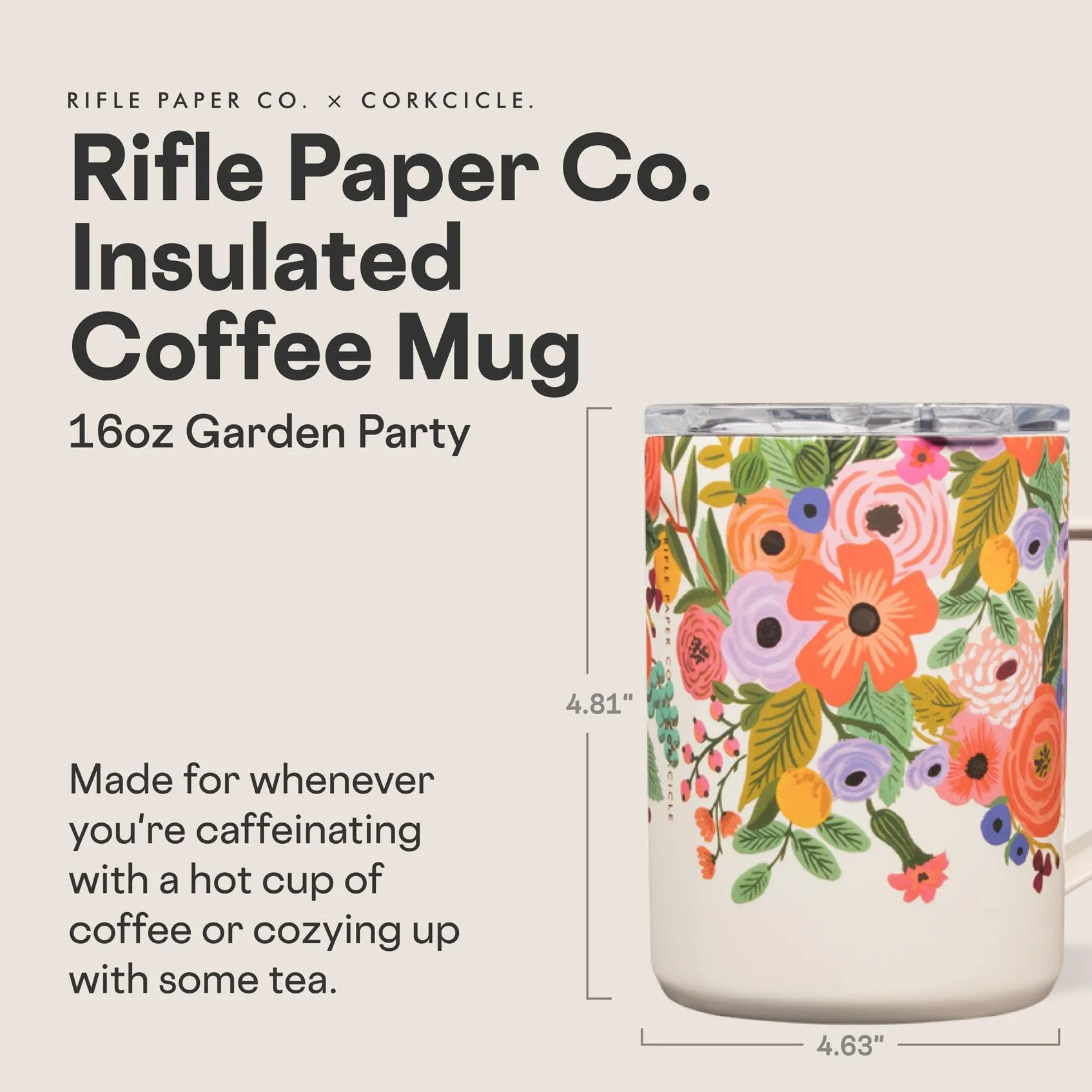 Corkcicle x Rifle Paper Co. Triple Insulated Coffee Mug with Lid & Handle - Keeps Beverages Hot for 3+ Hours - Gift for Mom - Great for Mother's Day or Christmas - 16 oz - Garden Party - Image 8