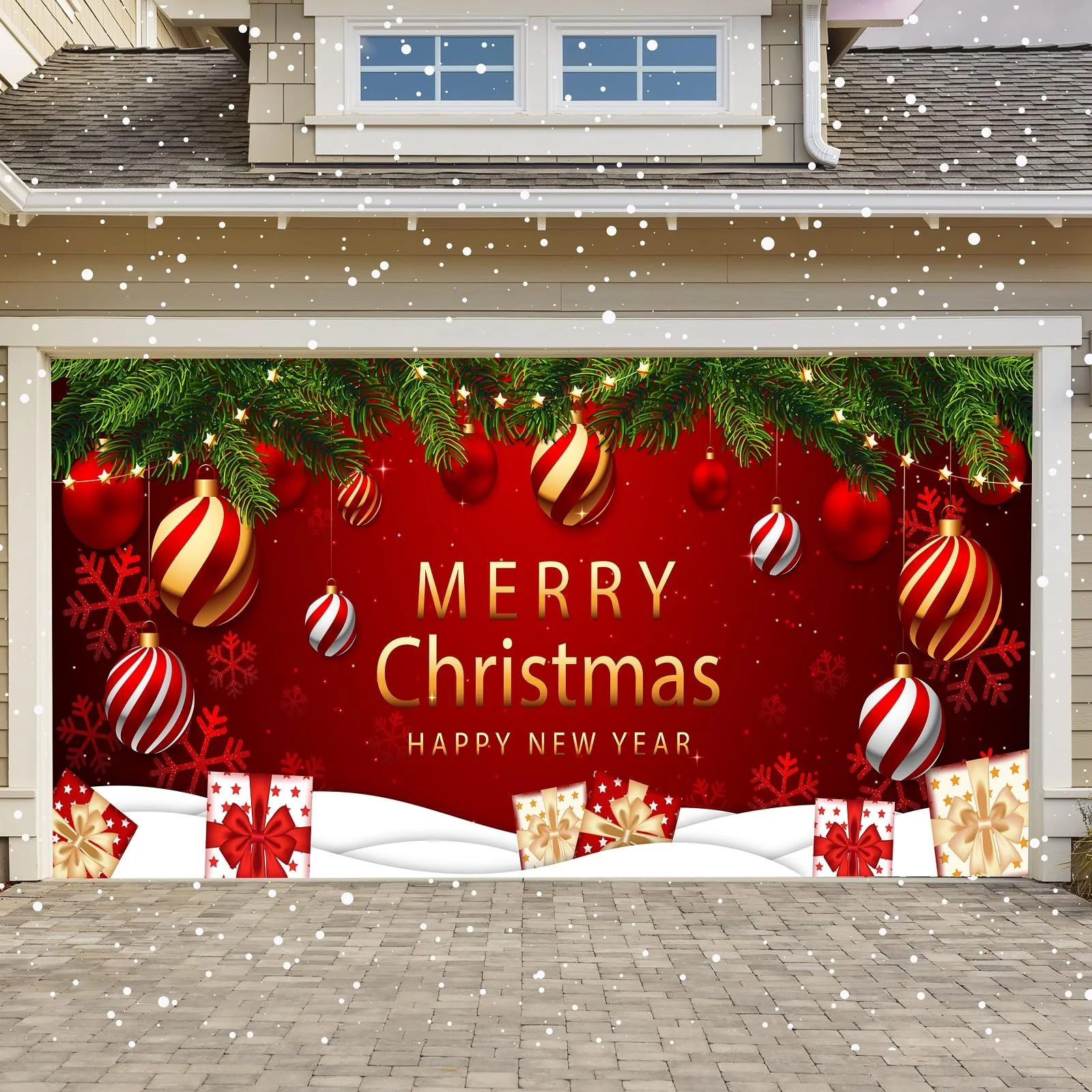 COSEVIER Christmas Garage Door Cover Banner, Red Festival Large Hanging Backdrop Door Banner, Merry Christmas Happy New Year Xmas Garage Wall Decorations for Holiday Party Décor, 7x16 FT - Image 3