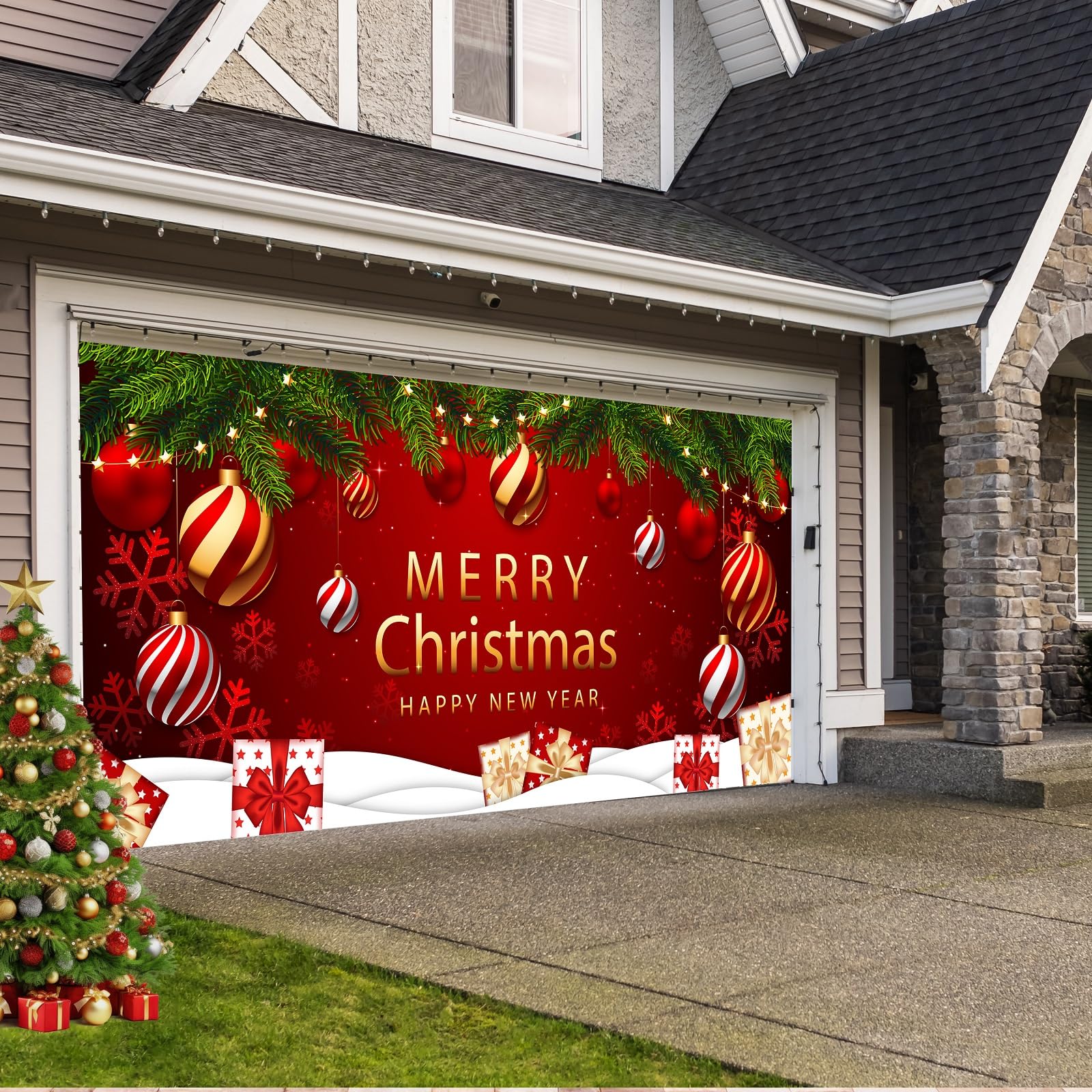 COSEVIER Christmas Garage Door Cover Banner, Red Festival Large Hanging Backdrop Door Banner, Merry Christmas Happy New Year Xmas Garage Wall Decorations for Holiday Party Décor, 7x16 FT - Image 4