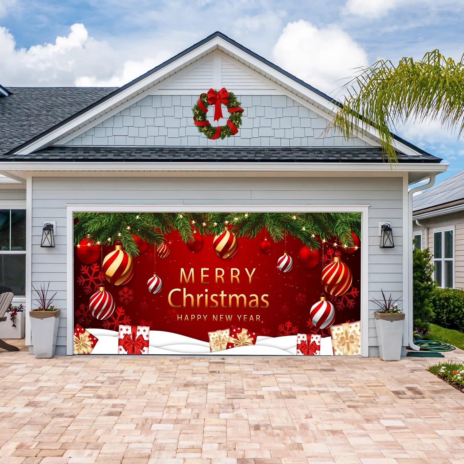 COSEVIER Christmas Garage Door Cover Banner, Red Festival Large Hanging Backdrop Door Banner, Merry Christmas Happy New Year Xmas Garage Wall Decorations for Holiday Party Décor, 7x16 FT - Image 5