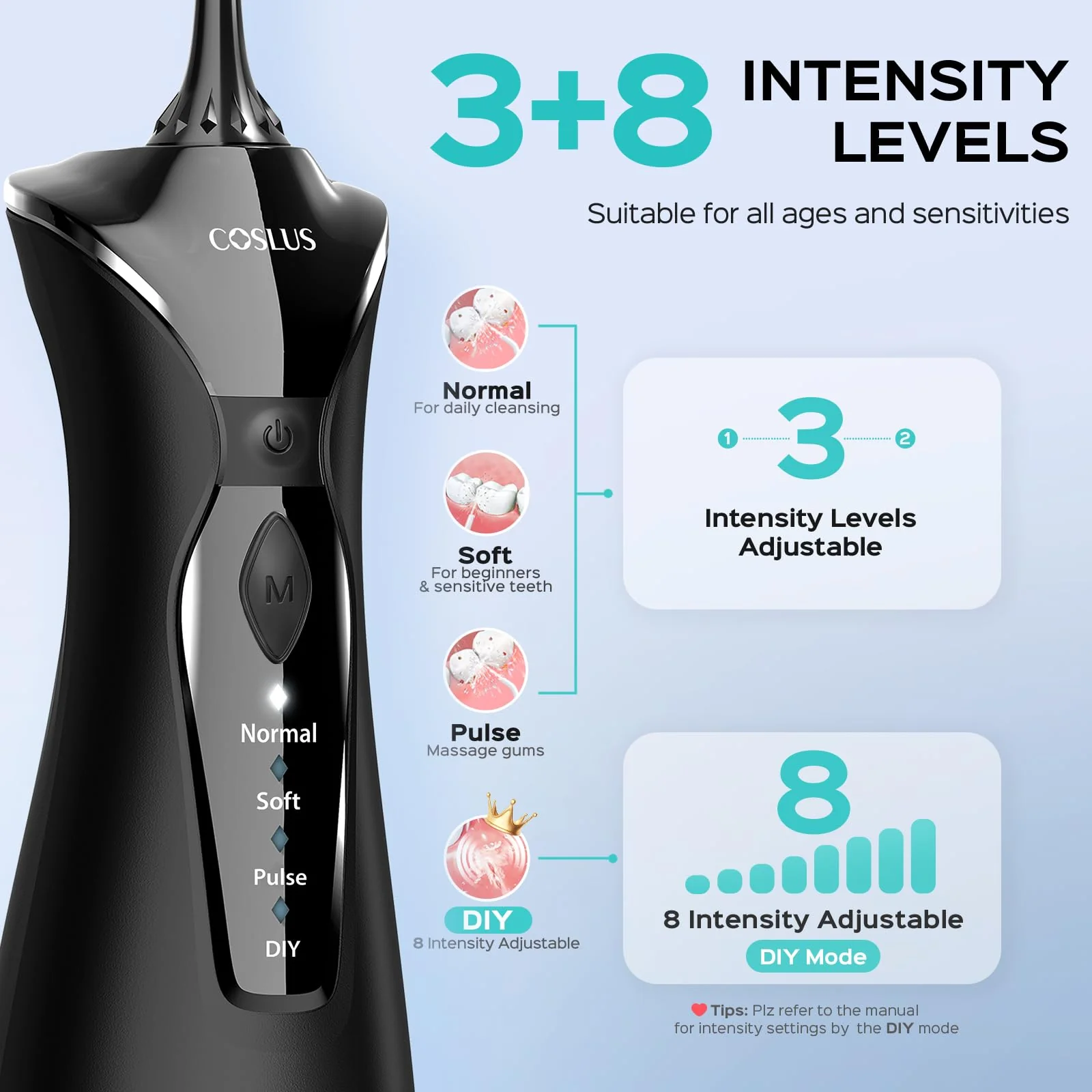 COSLUS Water Dental Flosser Pick for Teeth: 4 Modes Cordless Portable 300ML Larger Tank Water Teeth Cleaner IPX7 Waterproof Flossing Cleaning Picks for Home Travel Black C30(FC5360) - Image 7