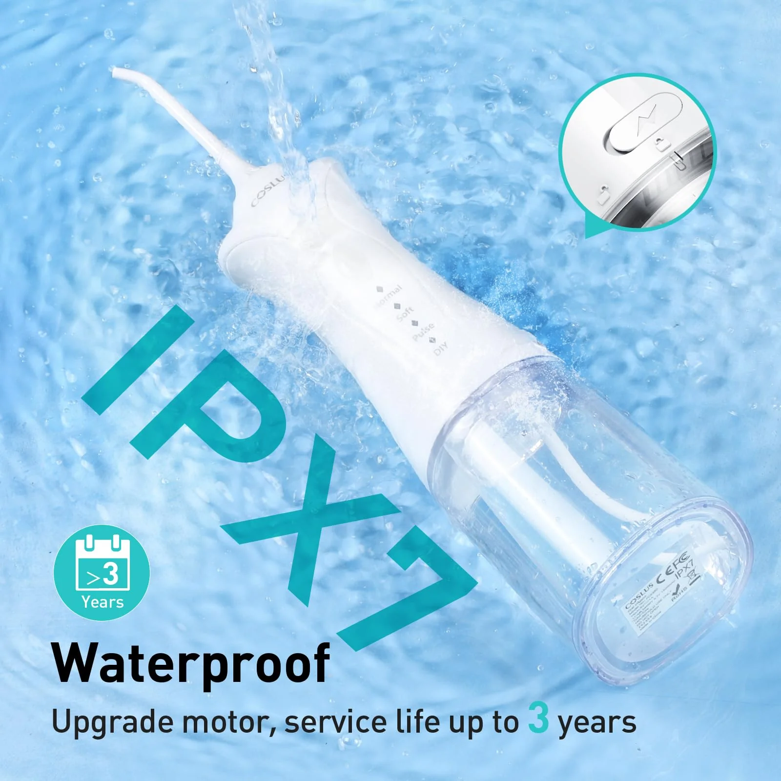 COSLUS Water Dental Flosser Pick for Teeth: 4 Modes Cordless Portable 300ML Larger Tank Water Teeth Cleaner IPX7 Waterproof Flossing Cleaning Picks for Home Travel White C30(FC5360) - Image 3