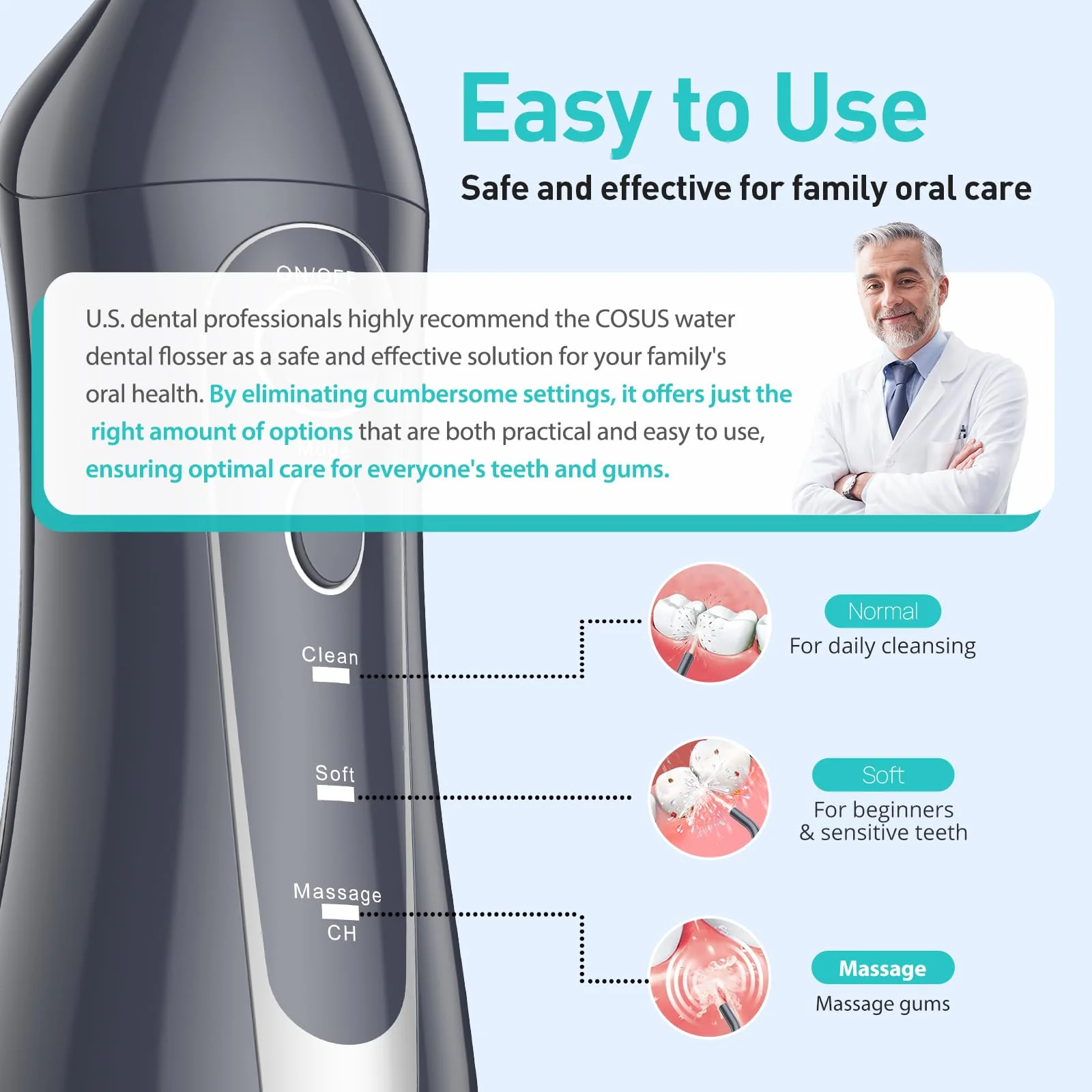 COSLUS Water Dental Flosser Teeth Pick: Portable Cordless Oral Irrigator 300ML Rechargeable Travel Irrigation Cleaner IPX7 Waterproof Electric Flossing Machine for Teeth Cleaning C20(F5020E) Grey - Image 6