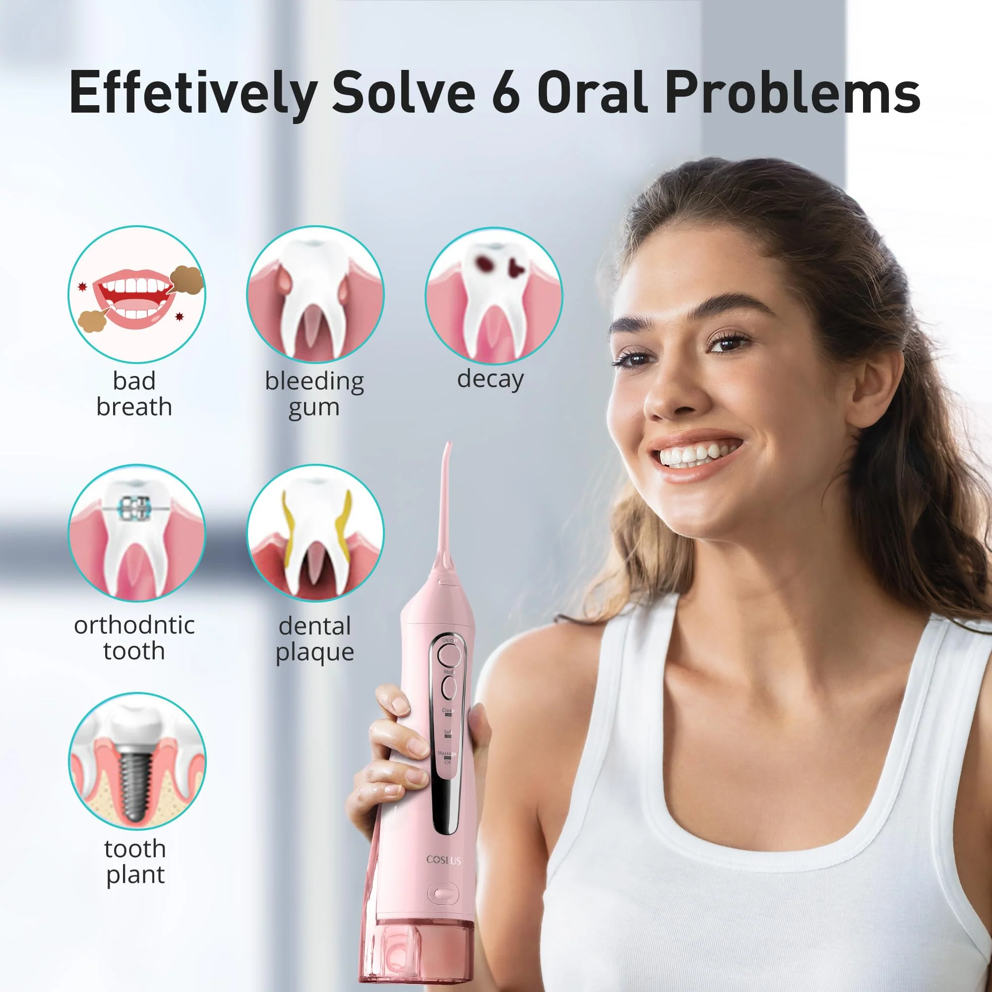 COSLUS Water Dental Flosser Teeth Pick: Portable Cordless Oral Irrigator 300ML Rechargeable Travel Irrigation Cleaner IPX7 Waterproof Electric Flossing Machine for Teeth Cleaning C20(F5020E) Pink - Image 4