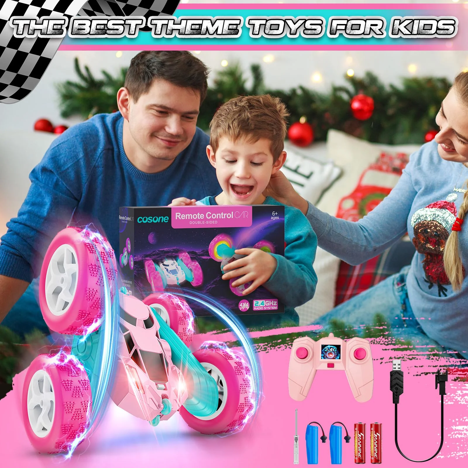 cosone Pink Remote Control Car for Girls - RC Stunt Cars with 4WD Double-Sided Driving 360° Flips Rotating, Off Road Remote Car Outdoor Toys for Kids Age 6 7 8-12, Christmas Birthday Gifts - Image 3