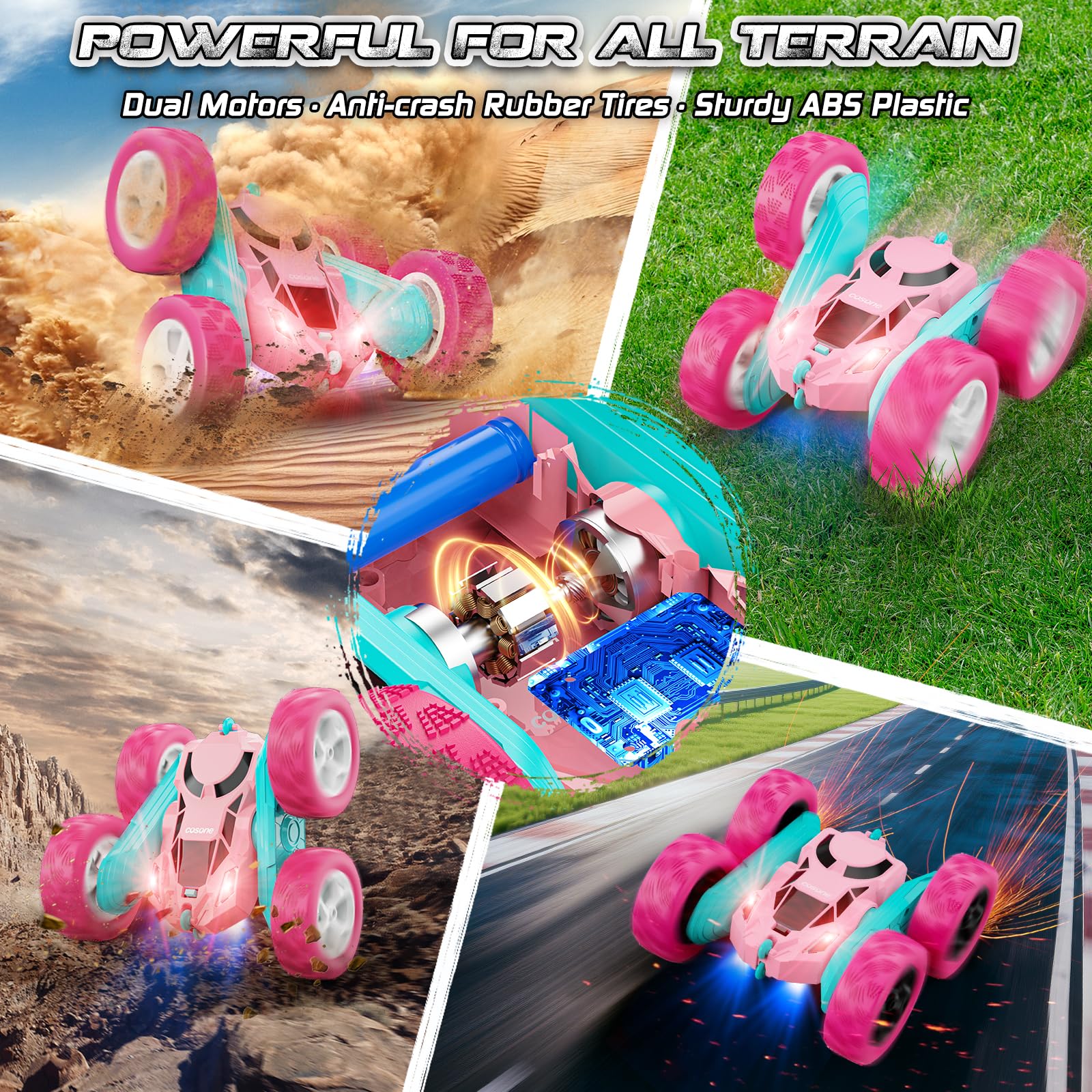 cosone Pink Remote Control Car for Girls - RC Stunt Cars with 4WD Double-Sided Driving 360° Flips Rotating, Off Road Remote Car Outdoor Toys for Kids Age 6 7 8-12, Christmas Birthday Gifts - Image 4