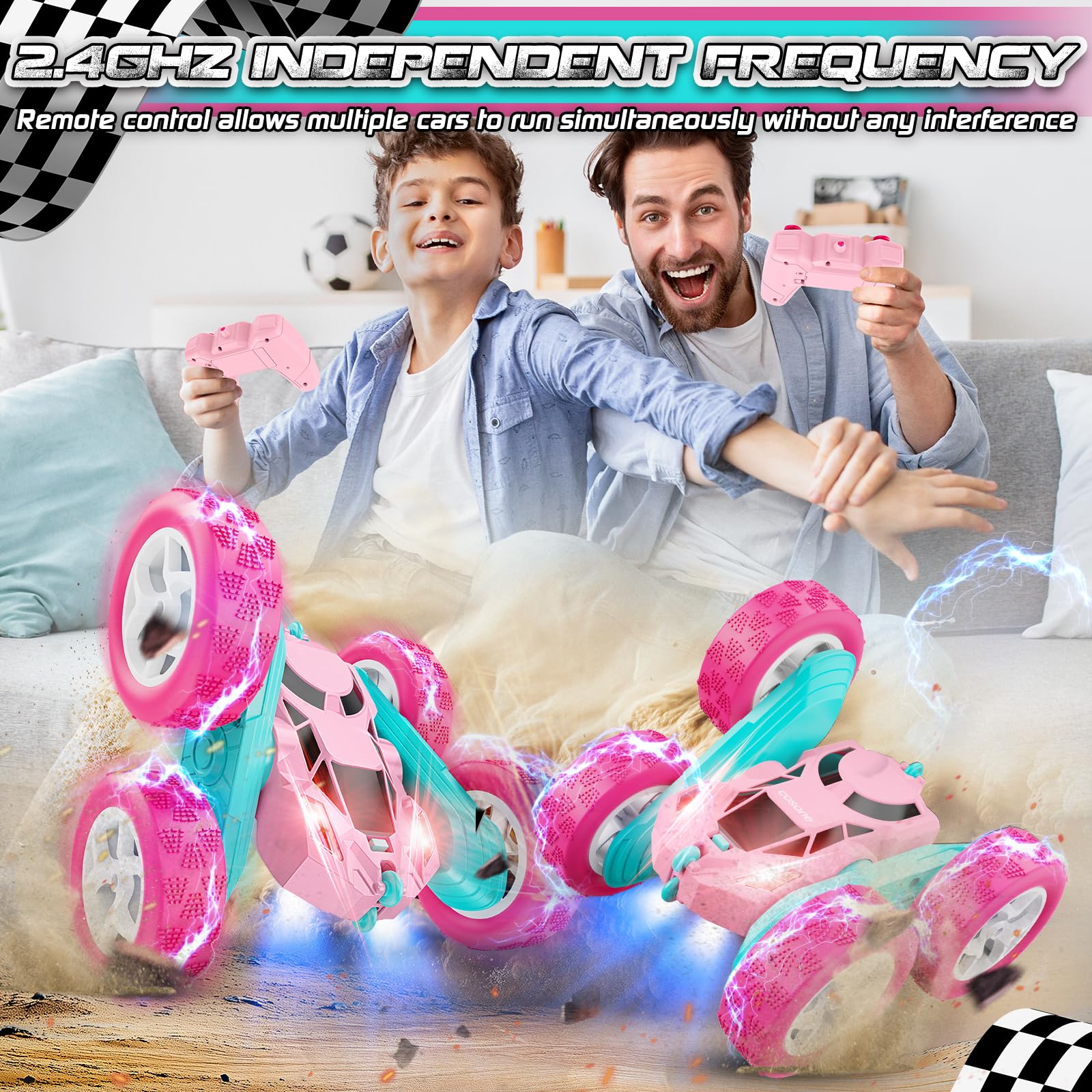 cosone Pink Remote Control Car for Girls - RC Stunt Cars with 4WD Double-Sided Driving 360° Flips Rotating, Off Road Remote Car Outdoor Toys for Kids Age 6 7 8-12, Christmas Birthday Gifts - Image 5