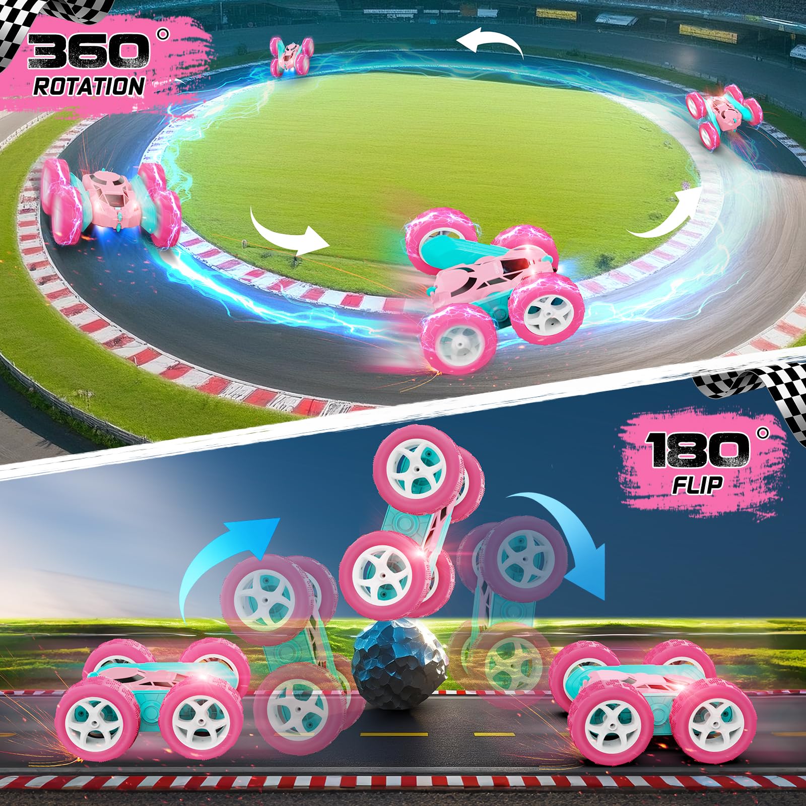 cosone Pink Remote Control Car for Girls - RC Stunt Cars with 4WD Double-Sided Driving 360° Flips Rotating, Off Road Remote Car Outdoor Toys for Kids Age 6 7 8-12, Christmas Birthday Gifts - Image 6