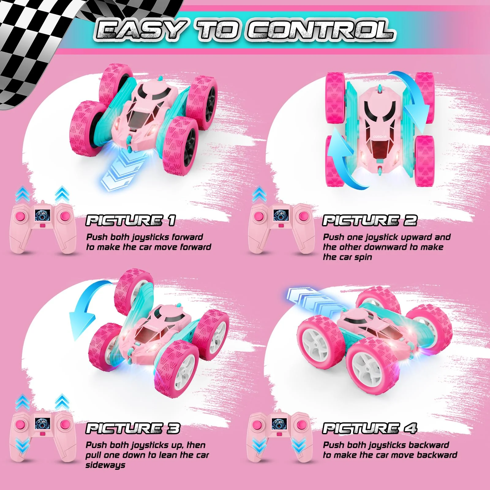 cosone Pink Remote Control Car for Girls - RC Stunt Cars with 4WD Double-Sided Driving 360° Flips Rotating, Off Road Remote Car Outdoor Toys for Kids Age 6 7 8-12, Christmas Birthday Gifts - Image 7