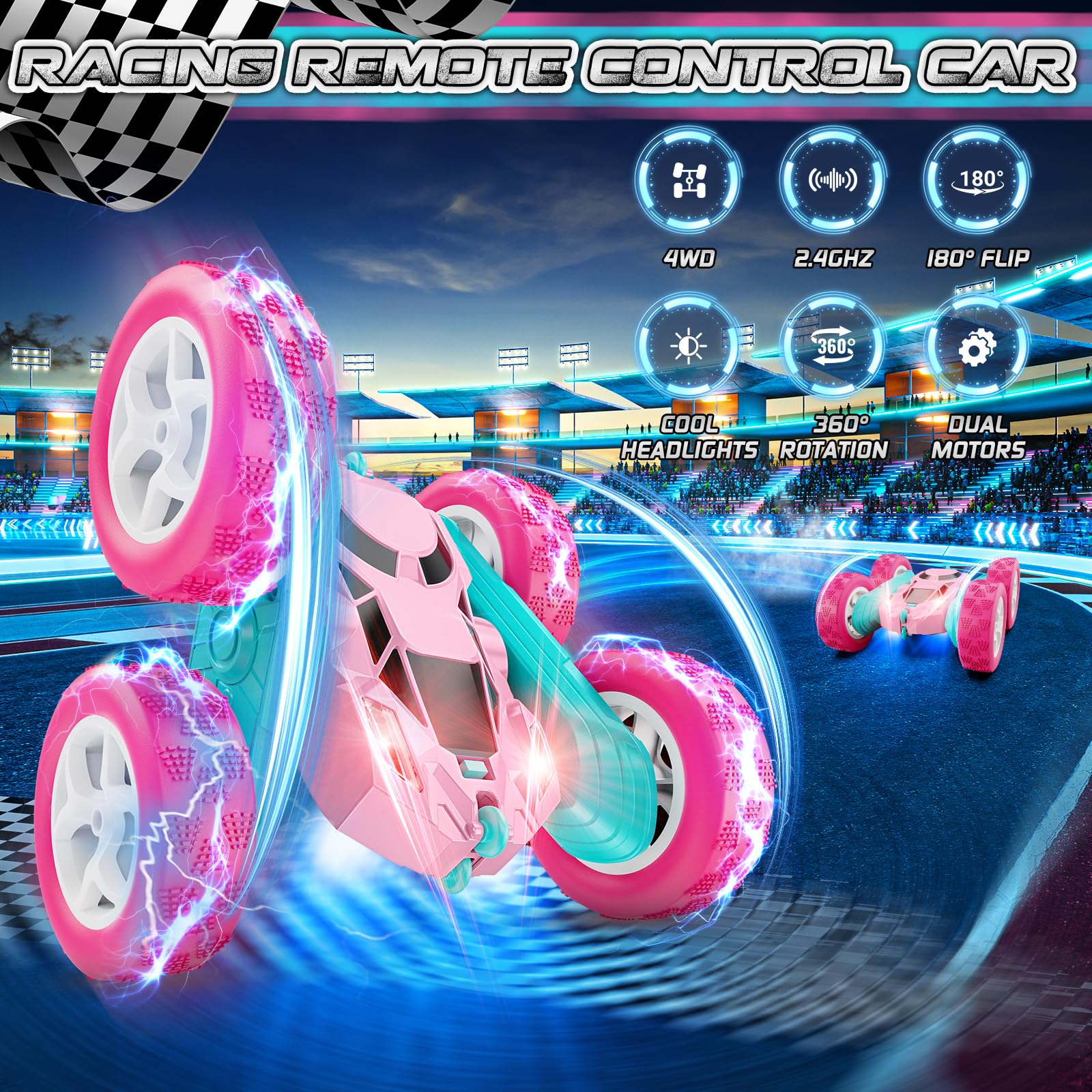 cosone Pink Remote Control Car for Girls - RC Stunt Cars with 4WD Double-Sided Driving 360° Flips Rotating, Off Road Remote Car Outdoor Toys for Kids Age 6 7 8-12, Christmas Birthday Gifts - Image 9