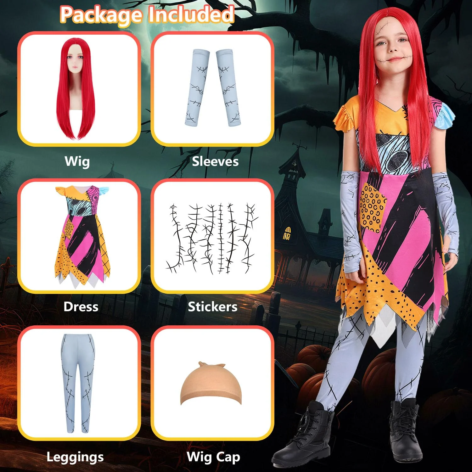 Costume Girls Kids Christmas Nightmare Cosplay Outfit Toddler Halloween Costumes Doll Princess Dress Up Set with Red Wig Tattoo Stickers CA039XXL - Image 6