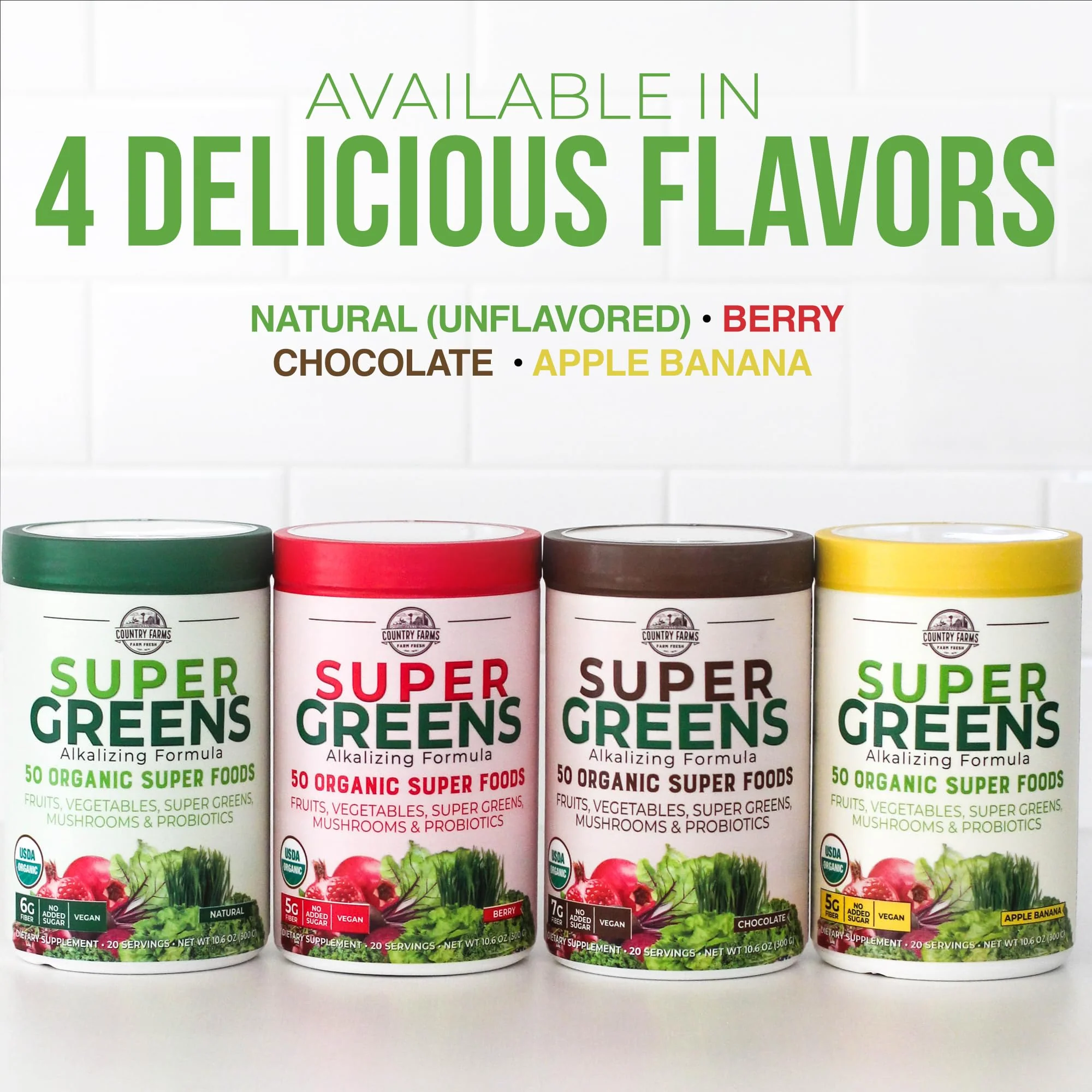 Country Farms Super Greens Natural Flavor, 50 Organic Super Foods, USDA Organic Drink Mix, Fruits, Vegetables, Super Greens, Mushrooms & Probiotics, Supports Energy, 40 Servings, 10.6 Oz, 2 Pack - Image 3