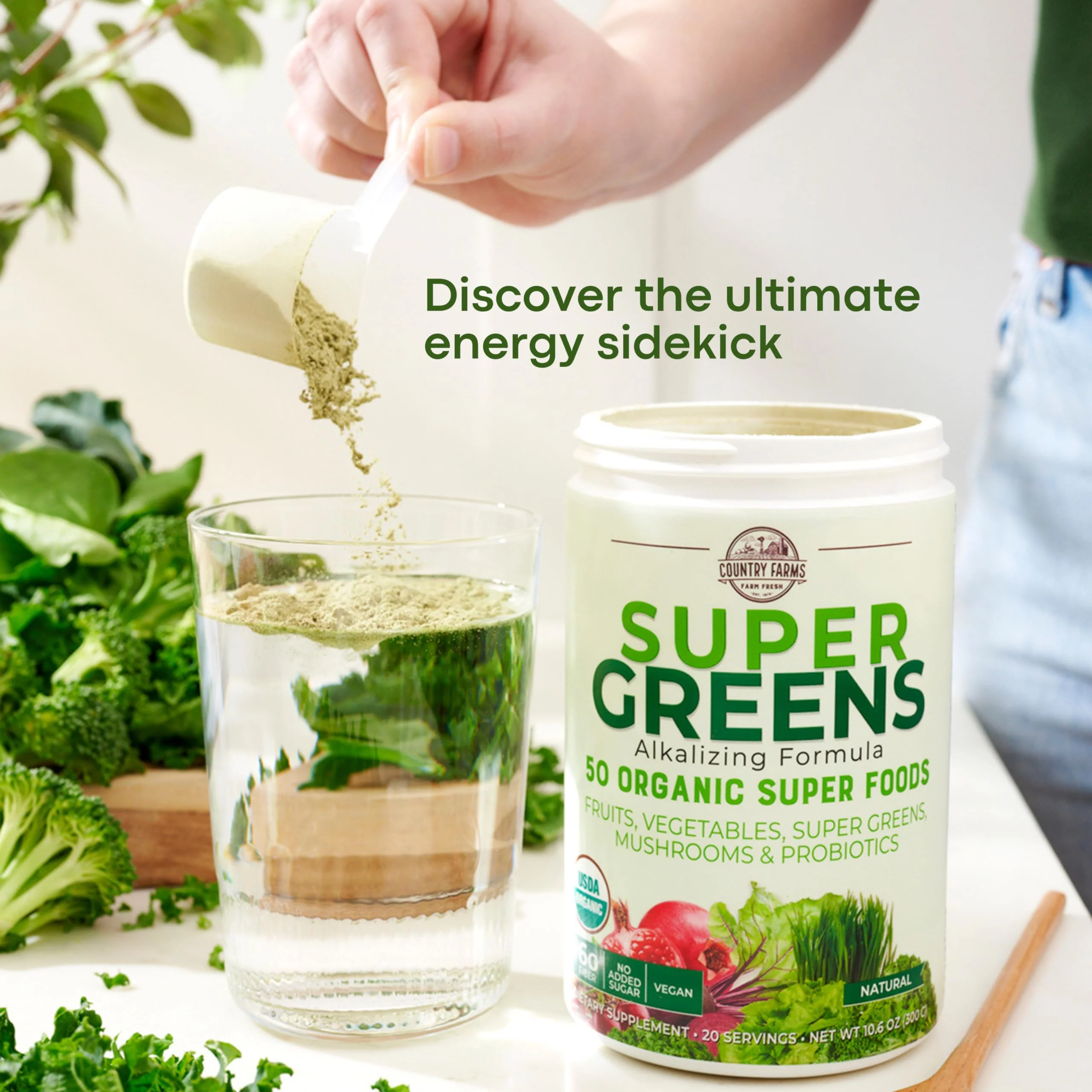 Country Farms Super Greens Natural Flavor, 50 Organic Super Foods, USDA Organic Drink Mix, Fruits, Vegetables, Super Greens, Mushrooms & Probiotics, Supports Energy, 40 Servings, 10.6 Oz, 2 Pack - Image 4