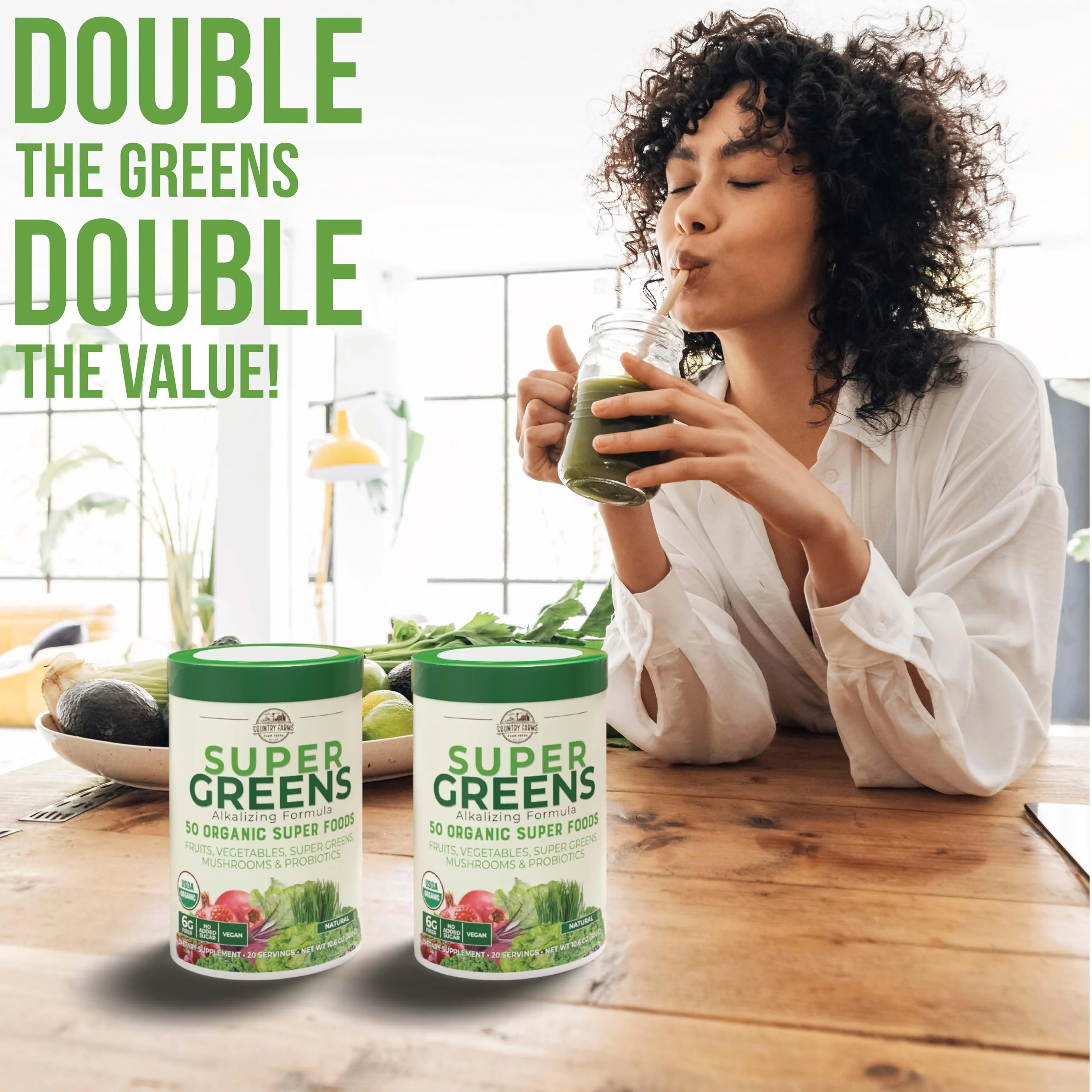 Country Farms Super Greens Natural Flavor, 50 Organic Super Foods, USDA Organic Drink Mix, Fruits, Vegetables, Super Greens, Mushrooms & Probiotics, Supports Energy, 40 Servings, 10.6 Oz, 2 Pack - Image 5