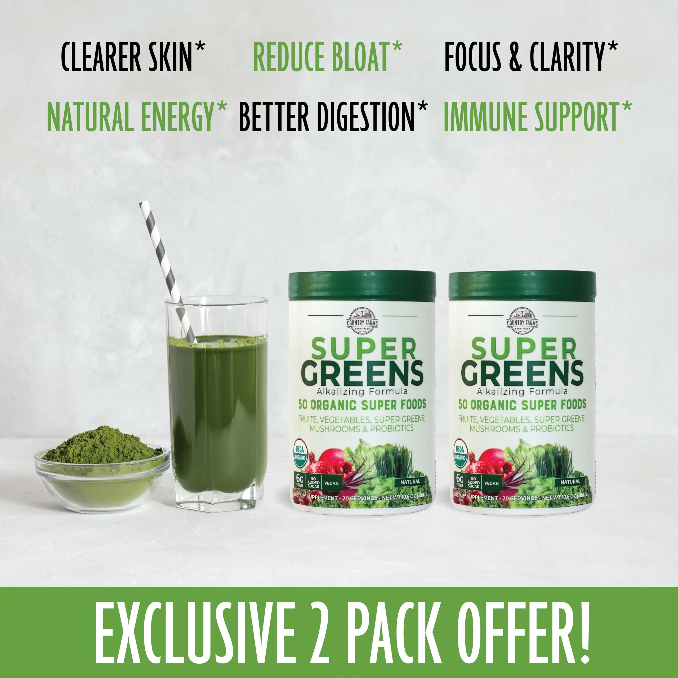 Country Farms Super Greens Natural Flavor, 50 Organic Super Foods, USDA Organic Drink Mix, Fruits, Vegetables, Super Greens, Mushrooms & Probiotics, Supports Energy, 40 Servings, 10.6 Oz, 2 Pack - Image 6